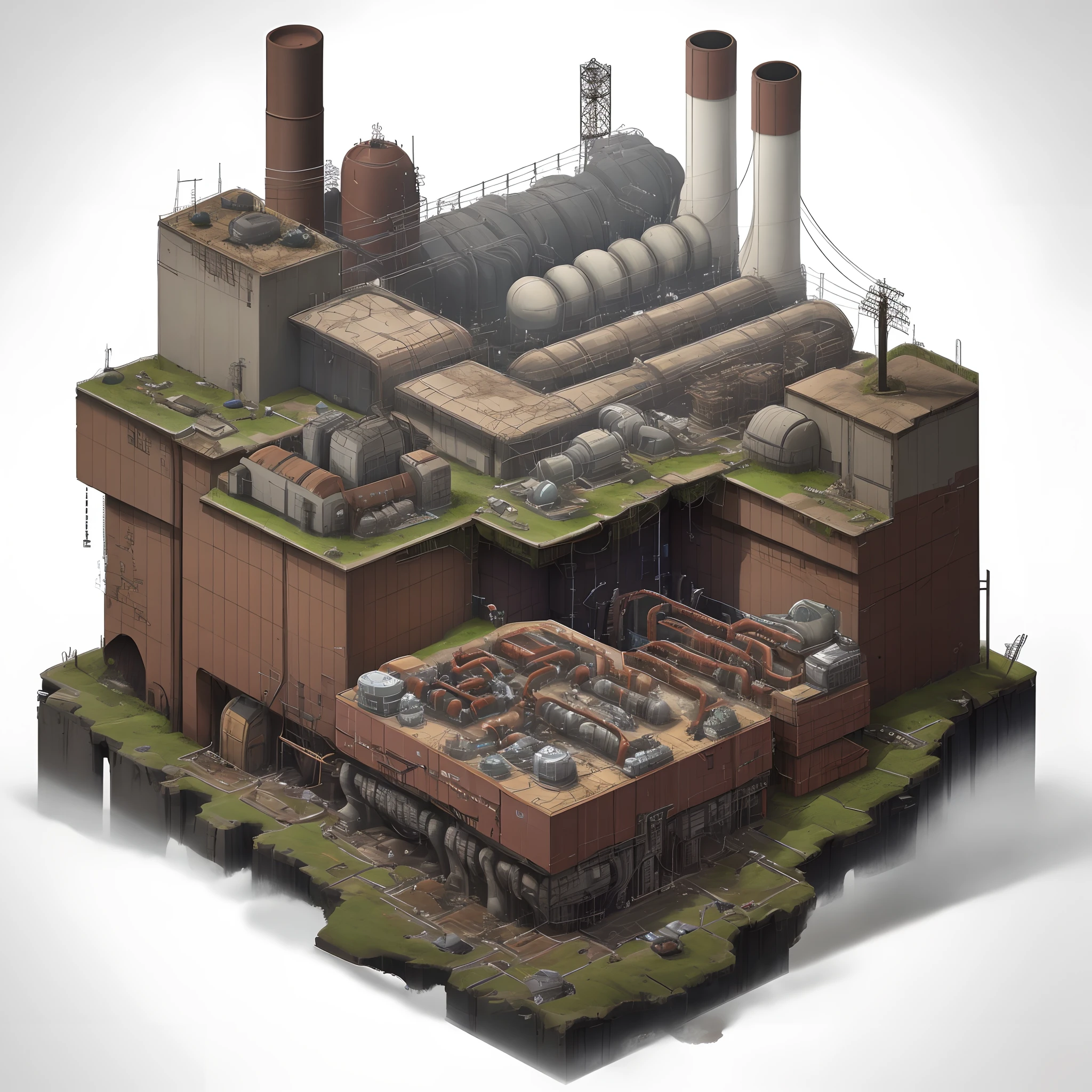 Power station, post-apocalyptic, dystopia core, abandoned, isometric, detailed objects, aligned to grid, electric current passing, rusty, dirty, left view, white background --v 4