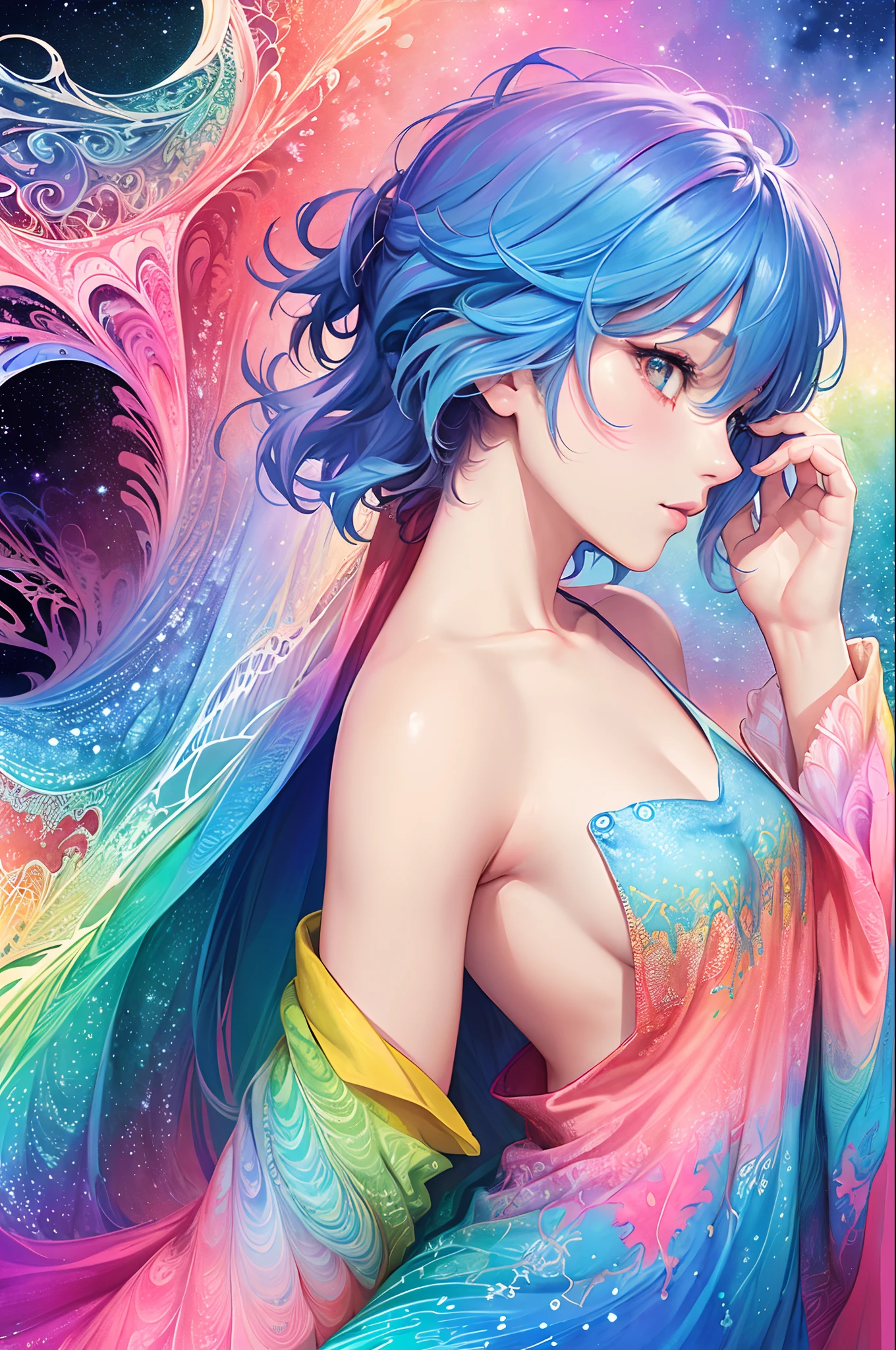 (masterpiece, top quality, best quality,watercolor (medium),official art, beautiful and aesthetic:1.2),(1girl:1.3), (fractal art:1.3),upper body, from side, looking at viewer,patterns,(rainbow color Hair,colorful hair,half blue and half pink hair:1.2),water,liquid, cloud,colorful, starry,stars,