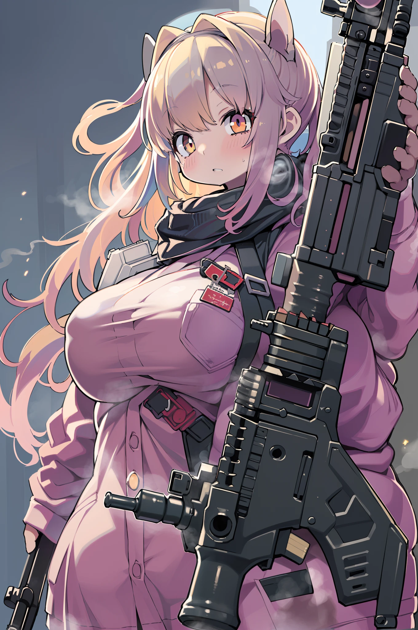 masterpiece, highest quality, ultra high resolution,1 girl, the most beautiful face, smooth long hair, brown hair,silky hair,very beautiful skin, model body shape,perfect female body,(big breasts:1.2),long legs,pink lips,red face,perfect lighting,black cap,black stockings,assault rifle, shoot a rifle,squatting shoot,from behind back, outdoor combat, Look at the enemy, hold the rifle,(don't looking at the viewer), ruin city fierd,