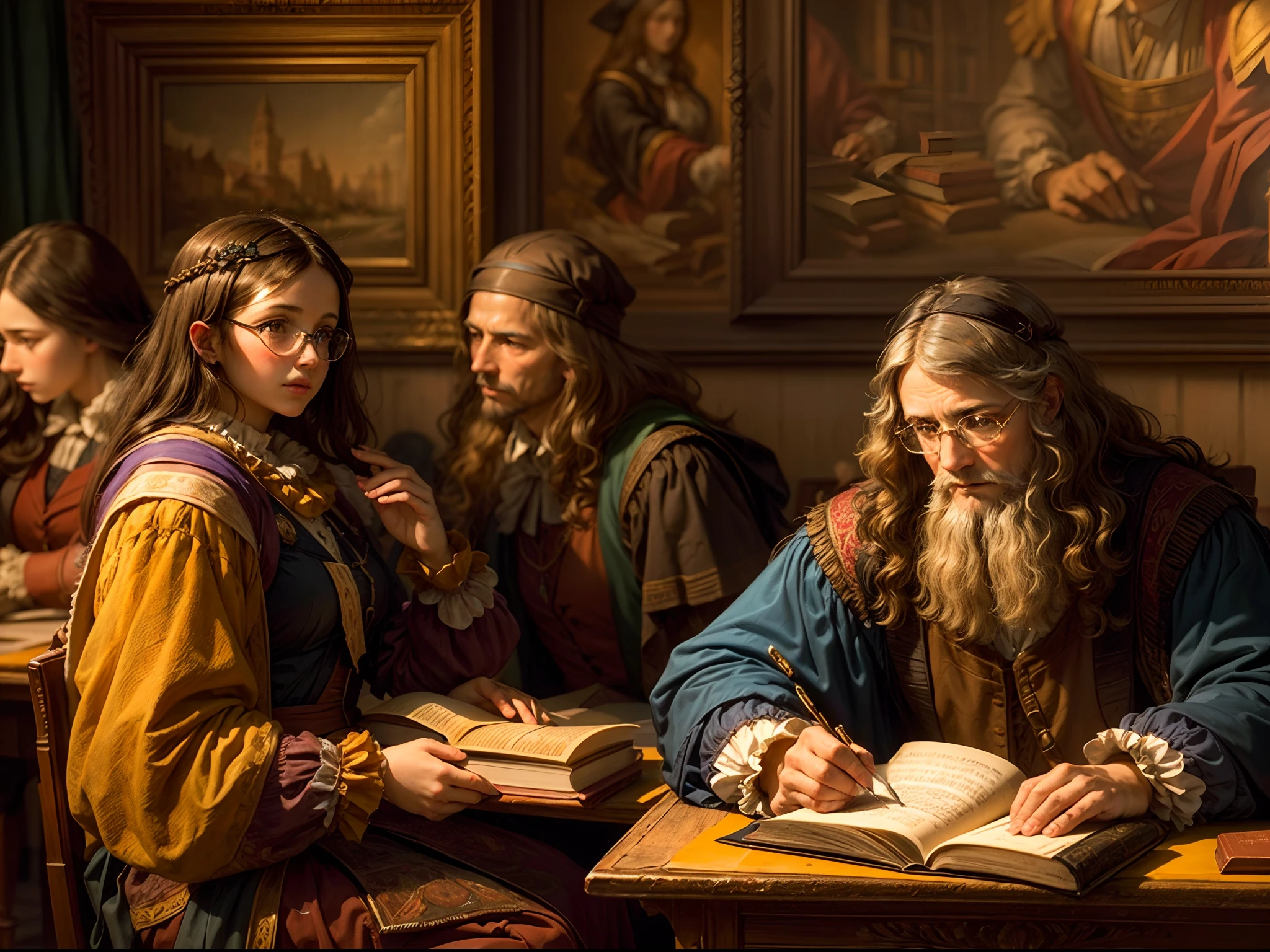 Leonardo Da Vinci, 17th century classroom, holding a book, teaching glasses, historical portrait, Renaissance art, realistic lighting, vibrant colors, fine brushstrokes, intricate details, aged parchment, gentle lighting, antique furniture, nostalgic atmosphere, attentive students, academic ambiance, Renaissance architecture, classical paintings, elaborate costumes, intellectual atmosphere, captivating expression