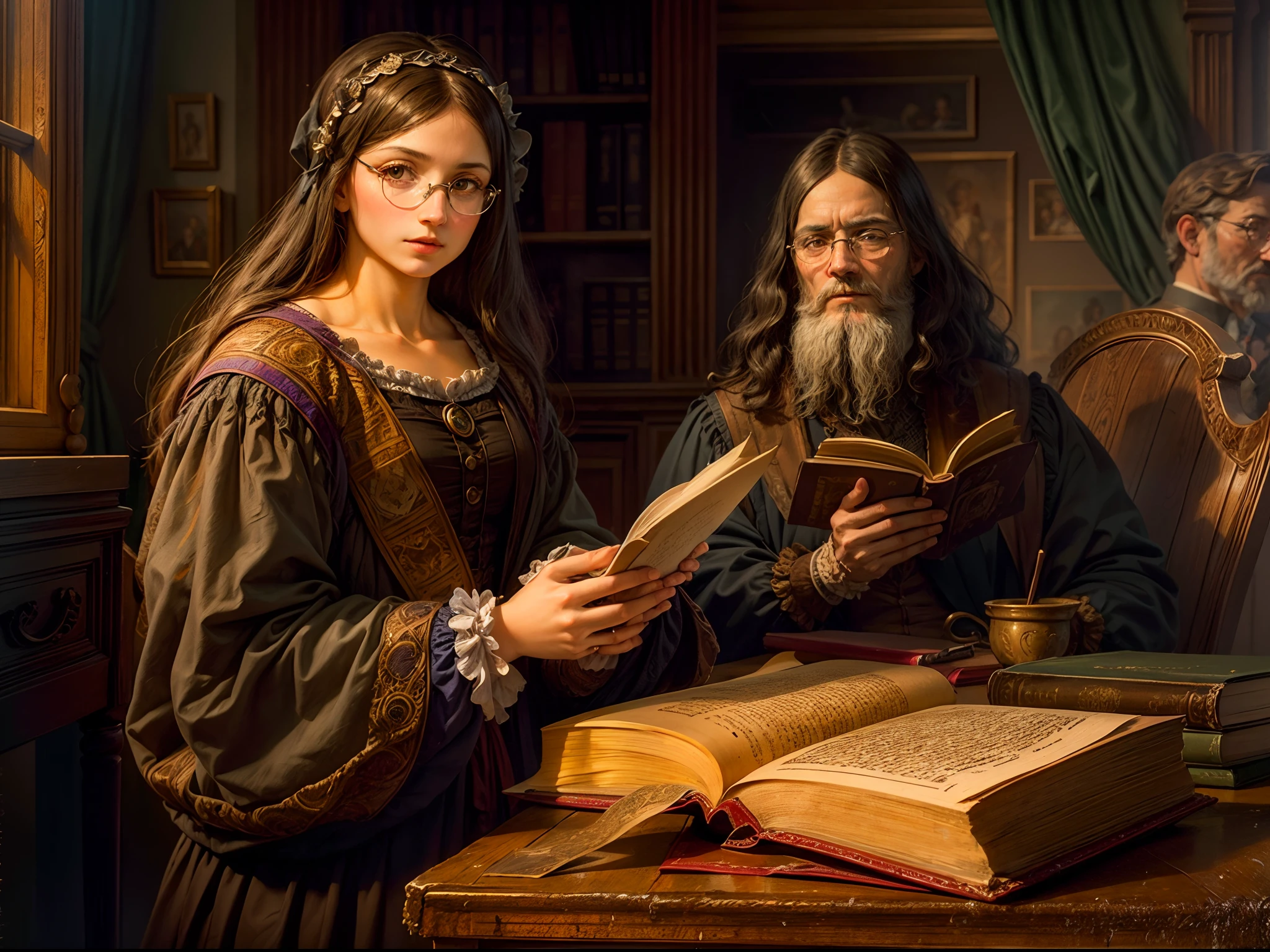 Leonardo Da Vinci, 17th century classroom, holding a book, teaching glasses, historical portrait, Renaissance art, realistic lighting, vibrant colors, fine brushstrokes, intricate details, aged parchment, gentle lighting, antique furniture, nostalgic atmosphere, attentive students, academic ambiance, Renaissance architecture, classical paintings, elaborate costumes, intellectual atmosphere, captivating expression