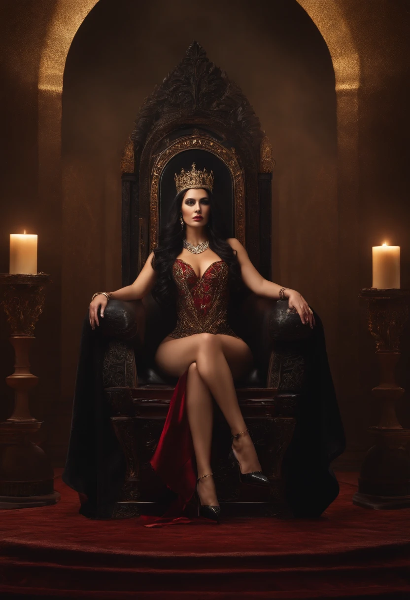 dark haired goddess sitting on the throne, goddess has dark hair, strong makeup and high heels, people gather around her throne and bow to her, goddess has perfect body and male servants serves her