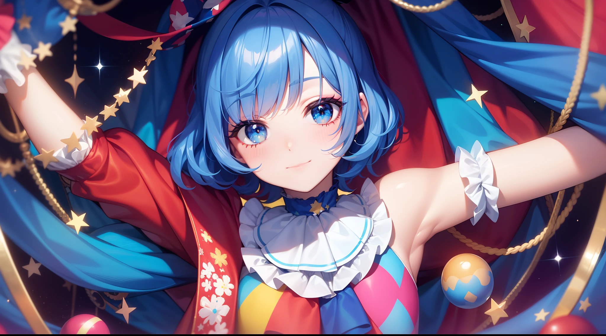 clown with clown clothes, white face, makeup face, dark blue eyes, glitter circus background, circus, blue and black clown clothes