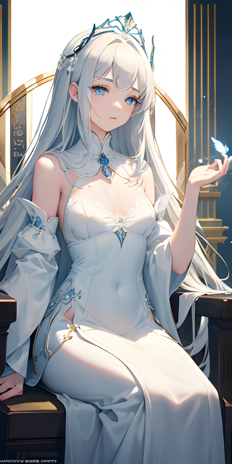 (masterpiece:1.2)、top-quality、(illustratio:1.2)、(ultra-detailliert)、ultra-detailliert、(Delicate details)、(intricate-detail)、(Cinematic Lights、best quality backlight)、ligne claire、frombelow、solo women, perfectbody, (1girl), white hair, Glowing blue eyes, (the emperor, Black see-through clothing), (diadems:1.1), sitting in a throne, Close your eyes and look down, Turn your head, ( shy:1.2 )、((makeups))、highly contrast、(The best lighting、extremely delicate and beautiful)、((Cinematic Lights))、colourfull、