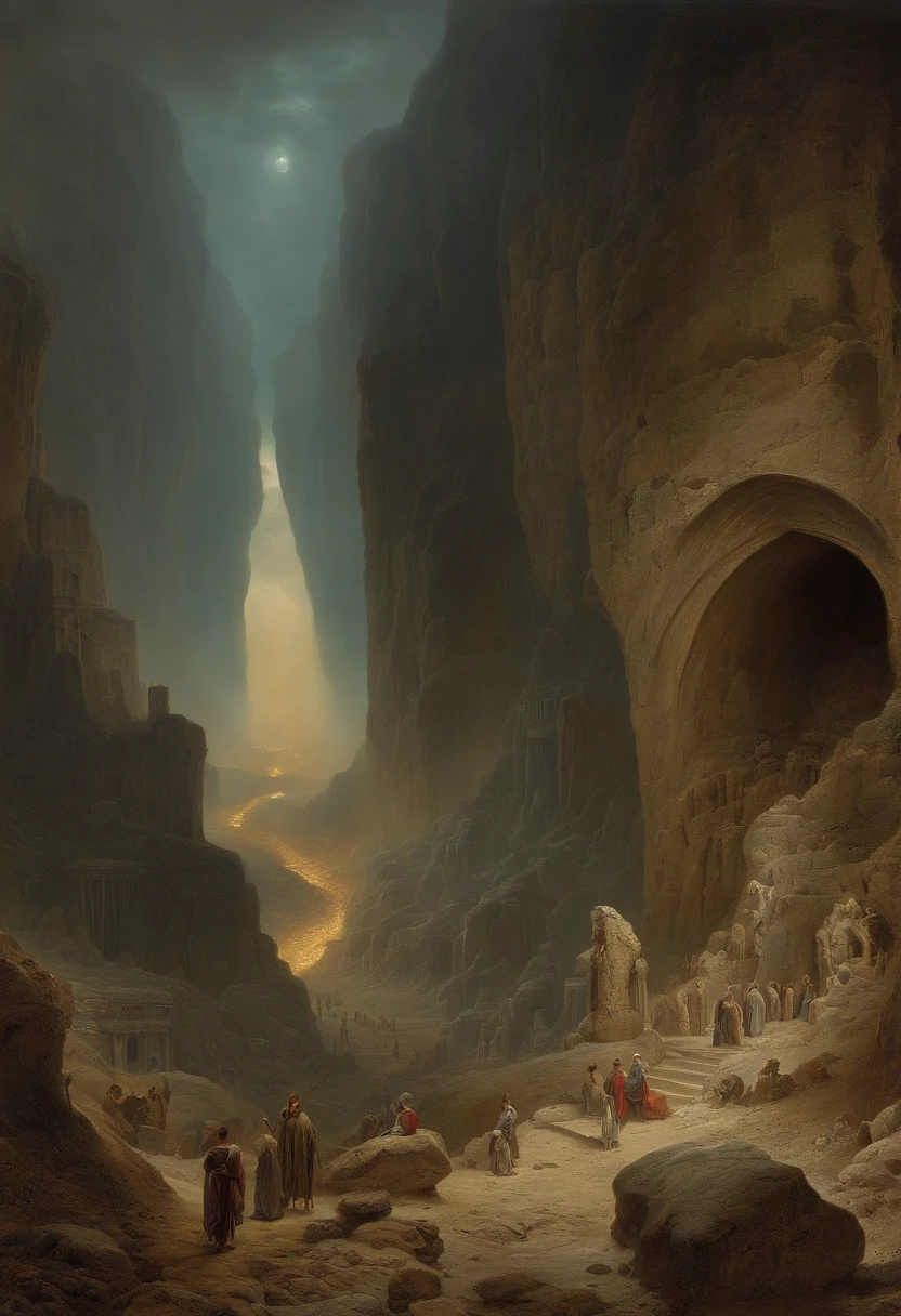 'The Vision of the Valley of Dry Bones' in 1866 by Gustave Dore, filtro cyberpunk, manter panorama e perpspectiva original
