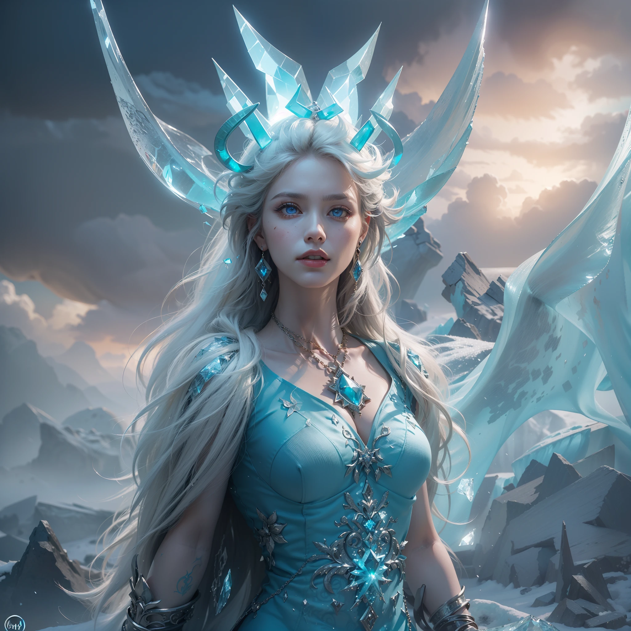 (Numerous award-winning masterpieces, with incredible detail, textures and maximum detail), (hyper realistic:1.4), (Full-length portrait:1.8), (realistic:1.3), (upper body up:0.3), (best quality real texture skin), (finely detailed true circle Symmetrical eyes), finely detailed face, ((medieval world)), ((The Lord's Ice Demon)), ((The Lord's Frozen and Extreme Cold Devil)), (full body view:1.8), (burn brightly icy look in the eye), (She has a mischievous smile on her face), (Eyes that glow blue in the dark:1.5), (A pair of Ice-blue eyes with strong blue light emitting from within:1.5), (full-body standing image:1.8), bio luminescence, (Ice and strong wind swirling in the background), (Dramatic Light), (A majestic sight), (Her countenance is gentle and beautiful, but somehow terrifying), Glass earrings on the ears, (dramatic photo:1.4), ((dramatic pose)), (flamboyant photo), (golden hair), (silver hair), (chestnut hair), Short cut hair, ((looks up)), ((looking down)), (Around her neck is a simple necklace of exquisite workmanship), (Bio luminescence with a brilliant glow:1.3), (Use flashy icy magic:1.2), (Swirling ice and snow), The Great Temple of the Devil, The Devil's Grand Shrine, great temple, great cathedral, temple ruins, detached temple, (Luminous magic circle:1.5), Ruins of an ancient castle, Shining majestic cloud masses and sky, lightning bolt, epic realistic, faded, art, (Greg rutkowski:0.8), (teal and orange:0.4), (art station:1.5), cinematic, ((neutral colors)), (hdr:1.5), (muted colors:1.2), hyper detailed, dramatic light, (intricate details:1.1), complex background,