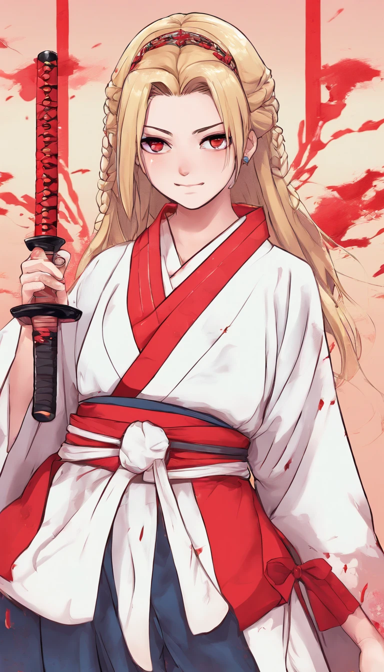top-quality、Top image quality、masterpiece、girl with((18year old、Black kimono、Best Bust、Bust 85、a blond、poneyTail、Red Eyes、open chest wide、Happiness、Return blood、Holding a Japan sword))hiquality、visualart、Background with((chee))、Black and white world