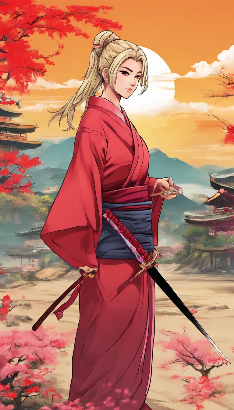 top-quality、Top image quality、masterpiece、girl with((18year old、Black kimono、Best Bust、Bust 85、a blond、poneyTail、Red Eyes、open chest wide、Happiness、Return blood、Holding a Japan sword))hiquality、visualart、Background with((chee))、Black and white world