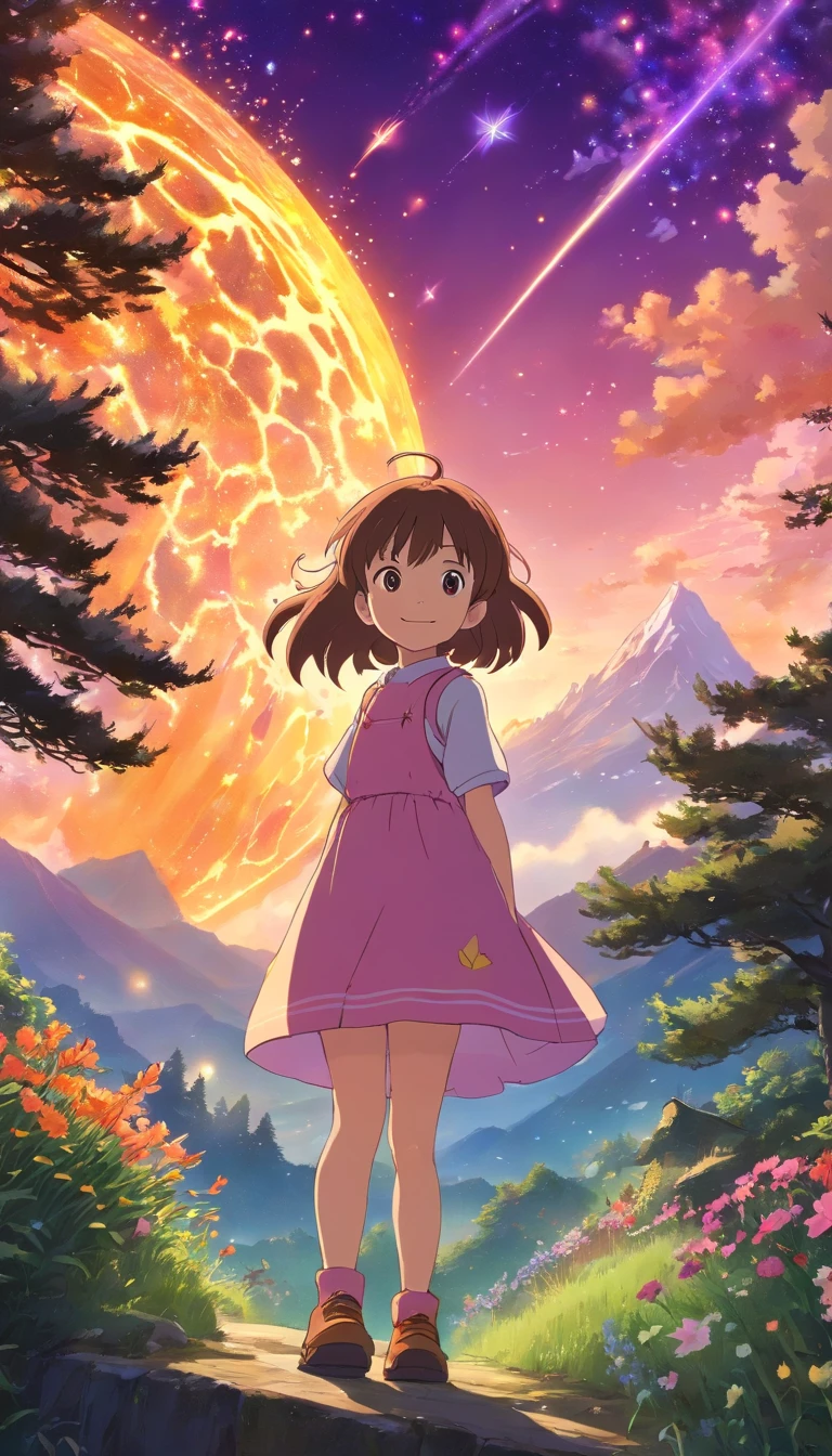 Vast landscape photos、(View from below with a view of the sky and the wilderness below)、Smiling standing in flower garden、bobhair、Brown hair、pink clothing(fullmoon:1.2)、(shooting stars:0.9)、(nebulas:1.3)、mountain in the distance、Tree Break Production Art、(Warm color light source:1.2)、(fireflys:1.2)、abajour、Purple and orange、intricate detailes、Volume Lighting BREAK (masterpiece:1.2)、(top-quality)、4K、ultra-detailliert、(The composition of the movement:1.4)、Highly detailed and colorful details(Irridescent color:1.2)、(Glowing lighting、Atmospheric illumination)、dream-like、Magical、(独奏:1.2)