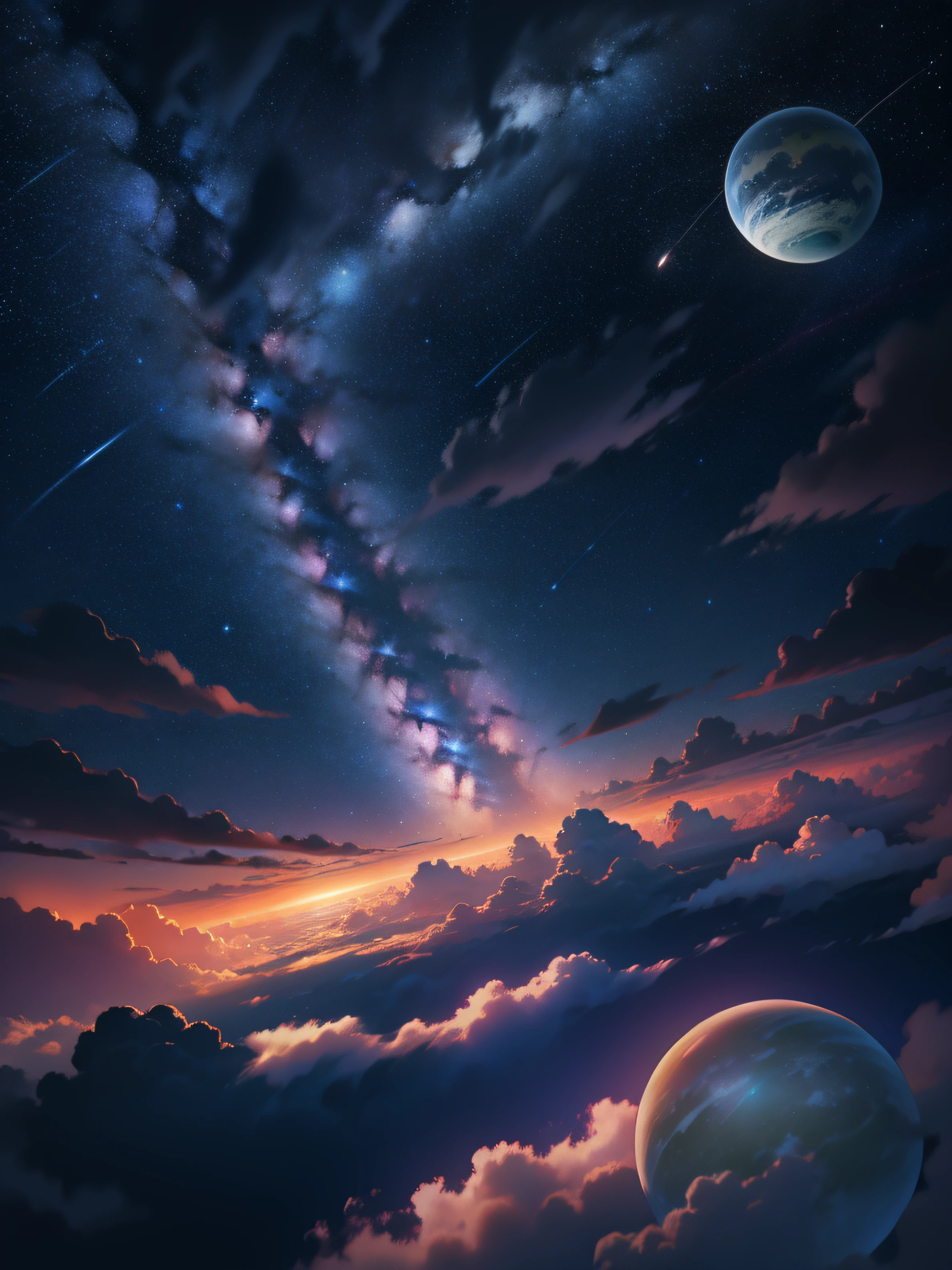 night sky, stars, clouds, planets.