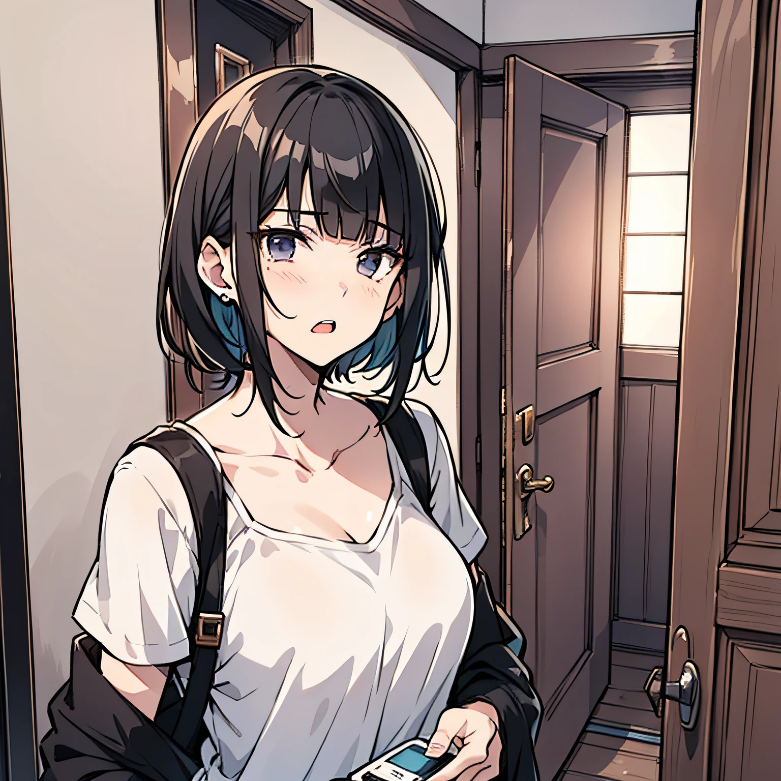 A middle-aged aunt，with short black hair，Wearing a white top，Standing in the doorway of the room, listening to the phone with his cell phone in his hand，The expression is serious（Open mouth 1.5）（Answer the phone action 1.5）（The background is in the room in the village：1.5），Anime style 4K，Anime rendering，style of anime，8K fineness，（Upper body display：1.5）（Cinematic lighting：1.5）Middle-aged woman 1.5（Wrinkle 1.5）