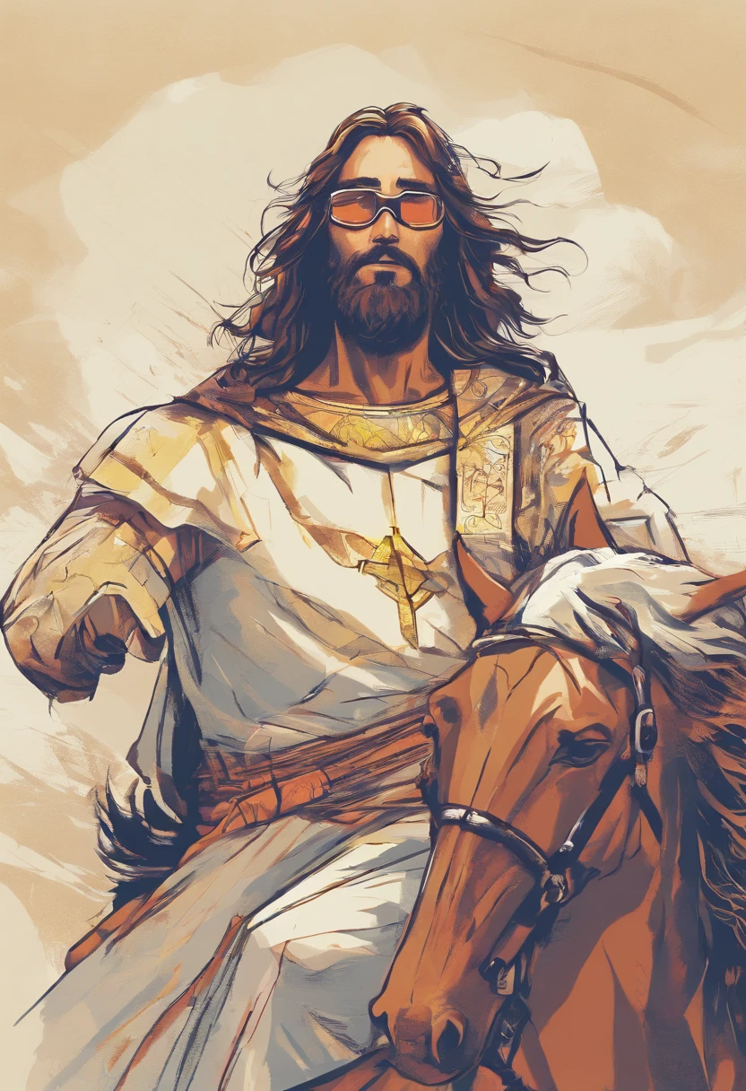 Jesus com cabelo rabo de cavalo, olhando para baixo, wearing goggles, camiseta branca, com estampa colorida