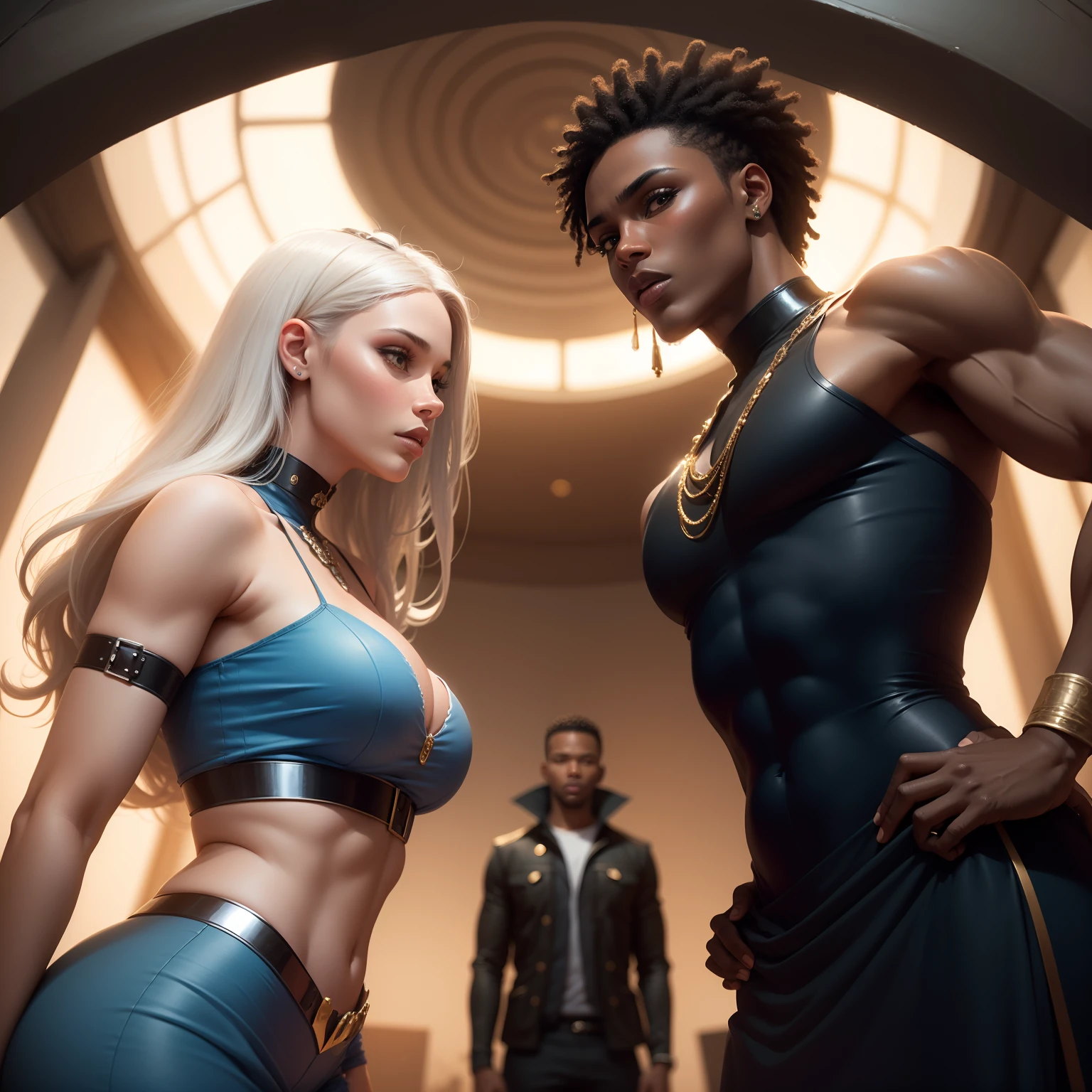 A tall black African muscular man vs white beauty in a blue dress,face to face,antagonism,hands on hips,Chest,head looking up,from below,