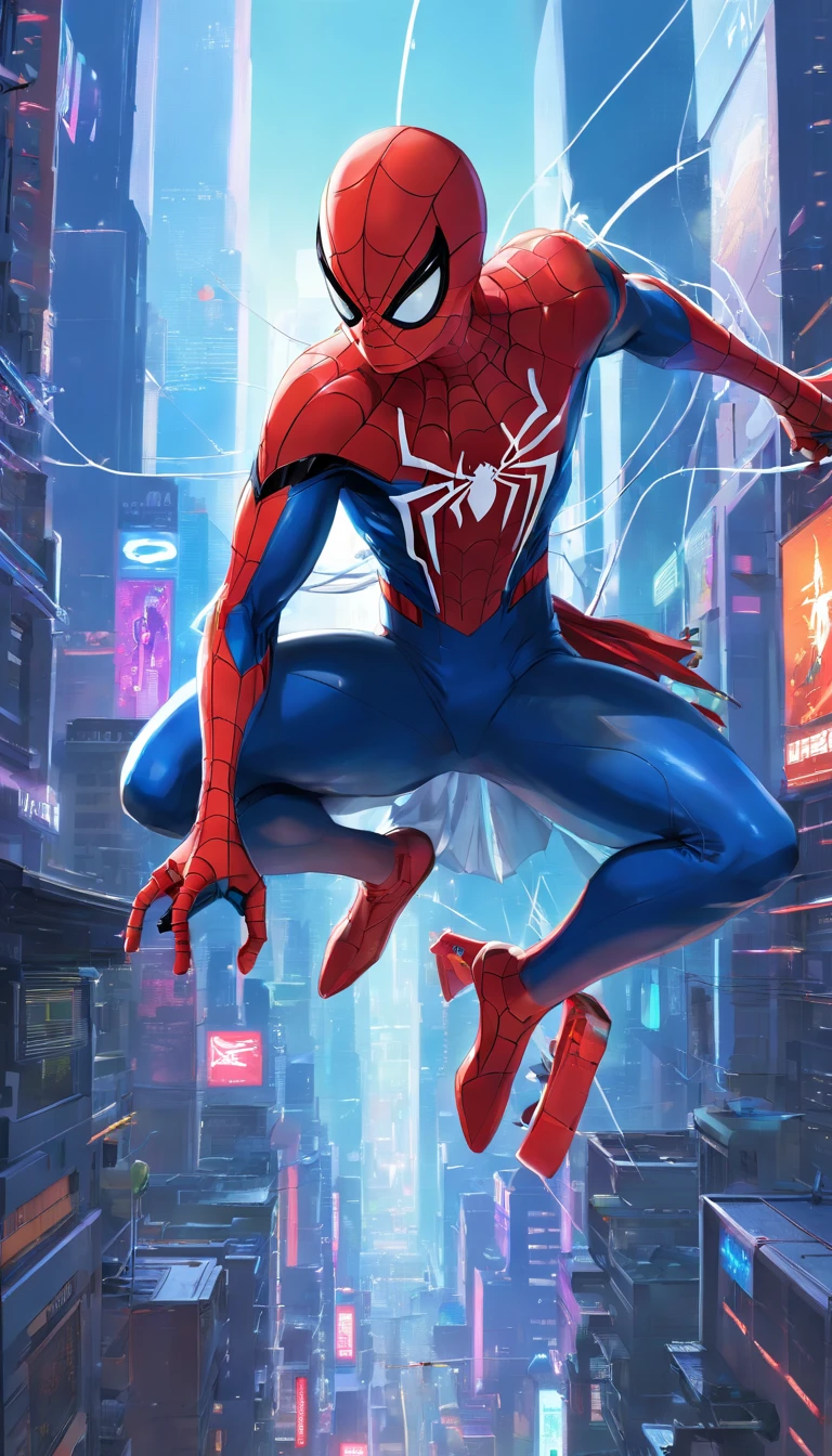 Get ready to witness the merging of the world of White Spider-Man and cyberpunk in one stunning image. In this 8K visual masterpiece, You will be transported to a futuristic and dystopian environment, Iconic Marvel heroes have a new look.

White Spider-Man appears in the imposing cityscape, Dominated by huge skyscrapers and glittering holographic advertisements. Neon reflects his cybernetic armor, The contrast between the protagonist's characteristic red and blue colors and the oppressive darkness of the environment.

Seu traje, Refurbished to suit cyberpunk style, Features metallic details and futuristic lines, Combines functional and futuristic aesthetics. Advanced fabrics, Decorated with optical circuits, When White Spider-Man prepares to face the challenges of this chaotic world，It seems to pulsate with electron energy.

The surrounding city is full of cyberpunk style features, Like a flying car, cyber implants, Drones and robots, Add a unique and technological atmosphere to your images. The contrast between the grandeur of the building and Spider-Man's presence in this dystopian landscape conveys a kind of solitary heroism and resilience in the face of adversity.

Stunning 8K quality makes every detail clear and realistic, From the intricate web cast by the white Spider-Man to every reflection and texture in the futuristic environment.

Get ready to marvel at the epic meeting point between the Spider-Man universe and cyberpunk aesthetics, In the image，Will capture your imagination and transport you to a world of action, Technology and adventure come together perfectly.