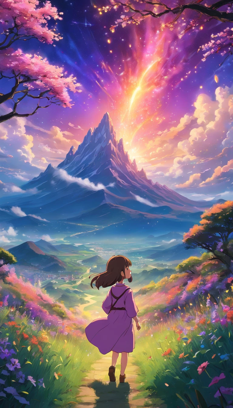 Vast landscape photos、（View from below with a view of the sky and the wilderness below）、Smiling little girl standing in flower garden、bobhair、Brown hair、pink clothing（fullmoon：1.2）、（shooting stars：0.9）、（nebulas：1.3）、mountain in the distance、Tree Break Production Art、(Warm color light source:1.2)、(fireflys:1.2)、abajour、Purple and orange、intricate detailes、Volume Lighting BREAK (​masterpiece:1.2)、(top-quality)、4K、ultra-detailliert、（The composition of the movement：1.4）、Highly detailed and colorful details（Irridescent color：1.2）、（Glowing lighting、Atmospheric illumination）、dream-like、（独奏：1.2）