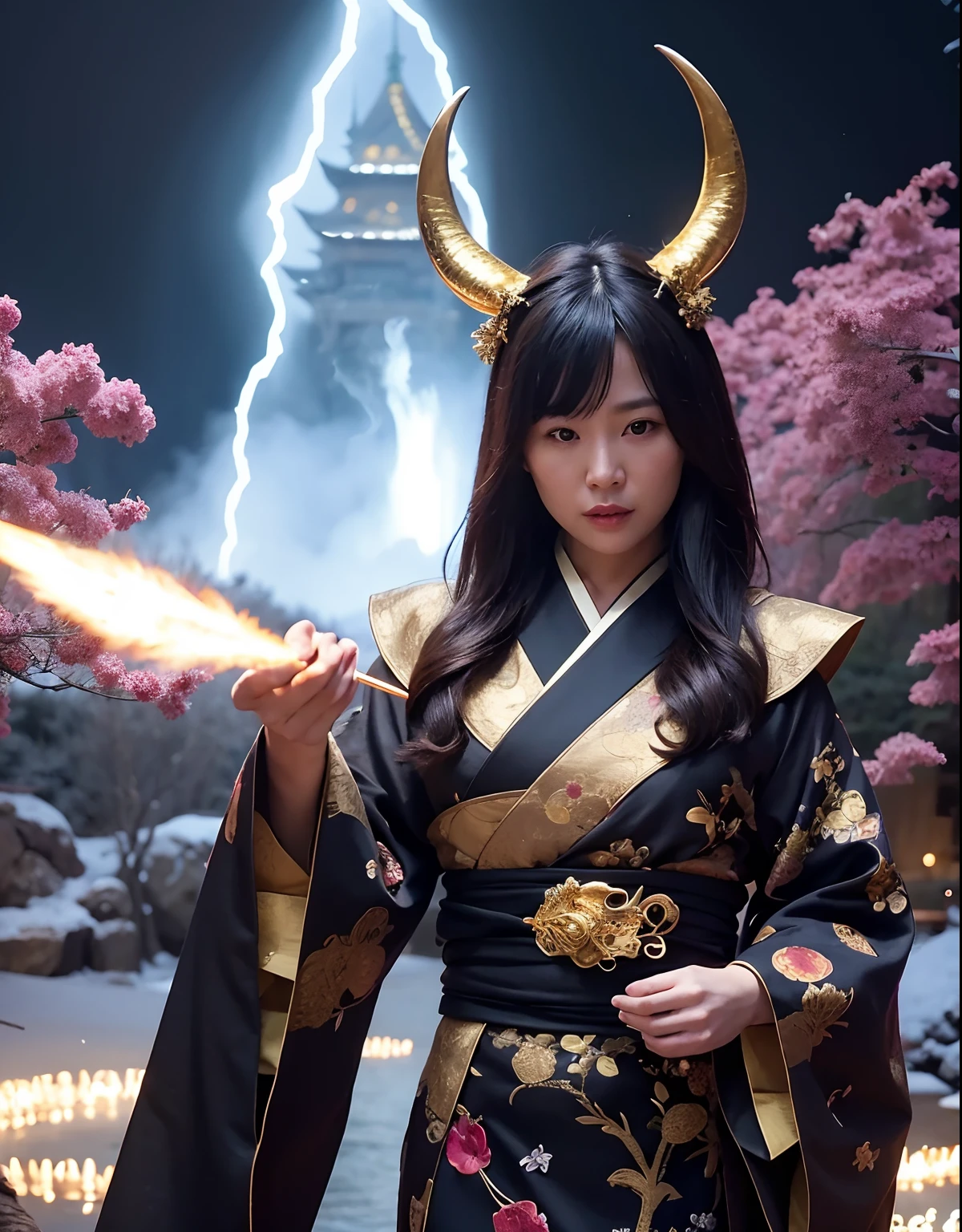 ((World of Darkness)),Professional , ​masterpiece、top-quality、photos realistic , depth of fields 、Dark Fantasy、（）、（shooting stars：0.9）、（nebulas：1.3）、A dark-haired、（White bikini armor)、（Mystical expression）、（The fox has five tails）（（Fight dragons））,(Wear a beautiful kimono),（Wear a beautiful kimono with colorful floral patterns）、Jewel Gold Weapon、Particles of light),（Has a devil's mask）、Gorgeous gold weapons ,（（ Gorgeous Dragon Sword）） , （Fox Mask）,,（maikurobikini） 、（（Black Haired Beautiful Girl））、（Castle background）、（demonic wings）、（（Gangle's forest background））、Beautiful Caucasian beauty、１a person、dynamic ungle,(((Two devil's horns on the head)))、Smaller head、Idle Smile、Thin and beautiful female hands、Mystical expression、Light Effects、intense fighting、Wind-effect、magic circles、With the legendary magic wand、Dragon's tail、