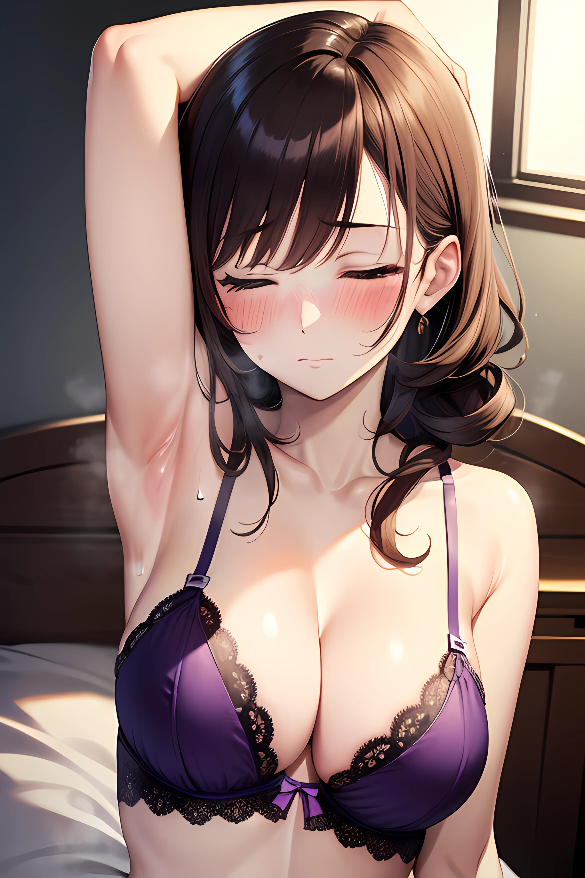 ((nsfw:1.4, masterpiece, best quality, highres, UHD, perfect pixel, depth of field, 4k, RTX, HDR))), 1girl, single, solo, beautiful anime girl, beautiful artstyle, anime character, ((long hair, bangs, dark brown hair, curly hair:0.2)), ((curly eyelashes)), ((detailed face, blushing:1.2)), ((smooth texture:0.75, realistic texture:0.5, anime CG style)), ((medium breasts, cleavage)), indoor, bedroom, dynamic angle, busty, perfect body, armpit, ((fall asleep on the bed, supine, sleepy, closed eyes, laying on bed, sleeping pose)), ((close up, POV, cute, shot on face, sighing expression)), ((purple bra color, purple lingerie)), (natural light, light reflection)