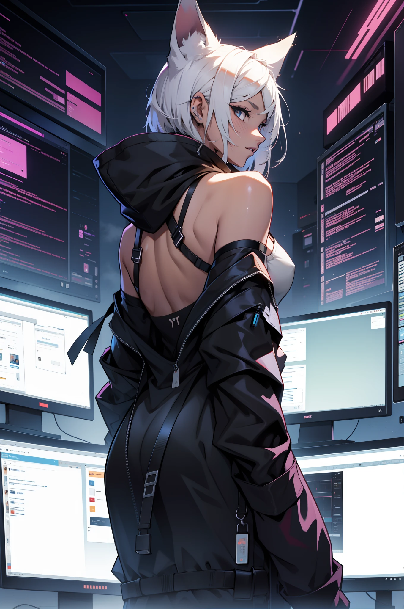 2d, anime, 1Girl, Anubis, Dark skin, Huge ass, full view, thong_panties, white hair, small breasts, Looking at the screen, Recording