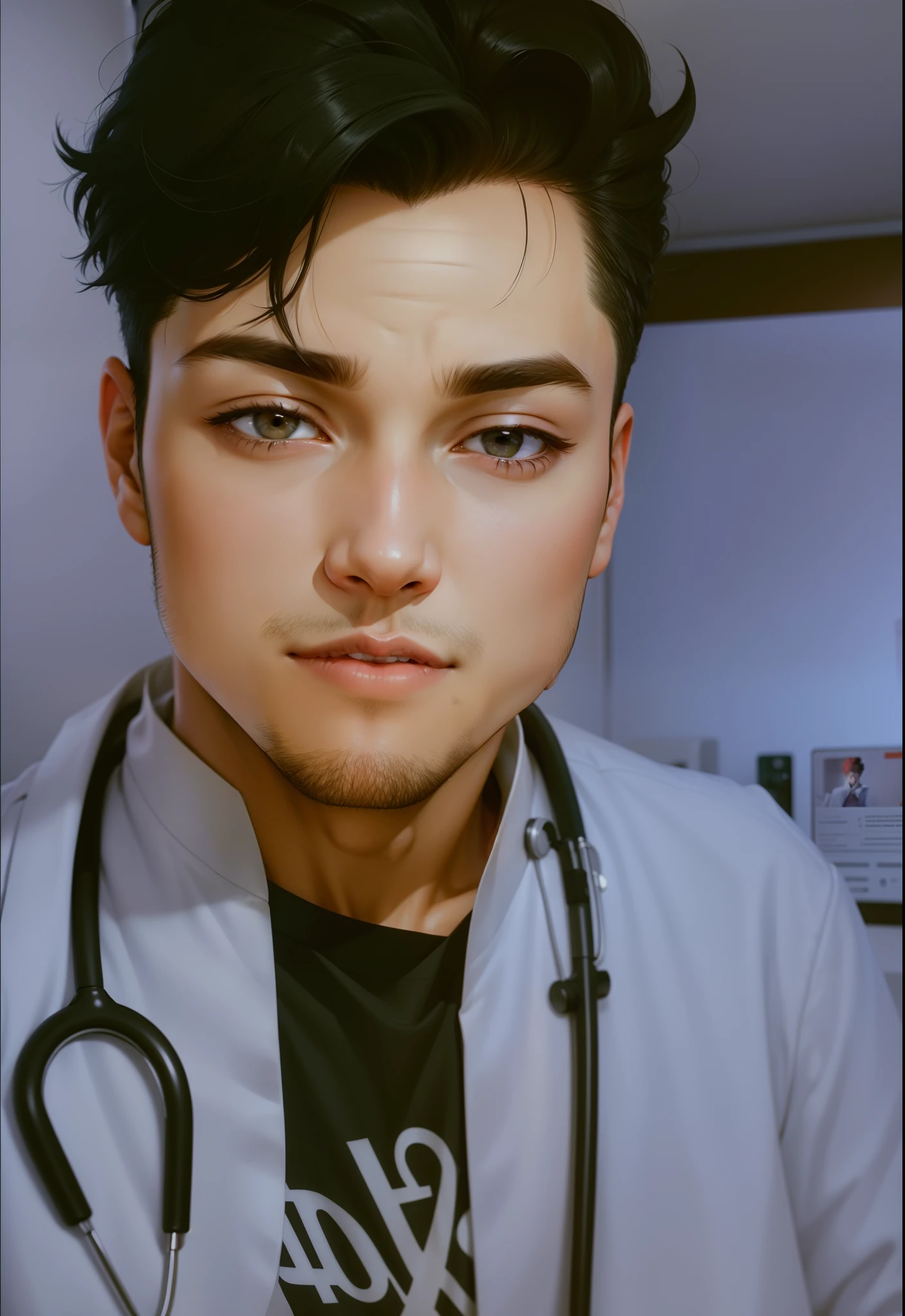 An young male doctor,black hair ,Wearing white doctor clothes,Standing in a hospital consultation room with a phone in his hand(Open mouth 1.5)(The background is in the hospital:1.5),Anime style 4K,Anime rendering,style of anime,8K fineness,(Upper body display:1.5)(Cinematic lighting:1.ung men 1.5(Wrinkle 1.5)