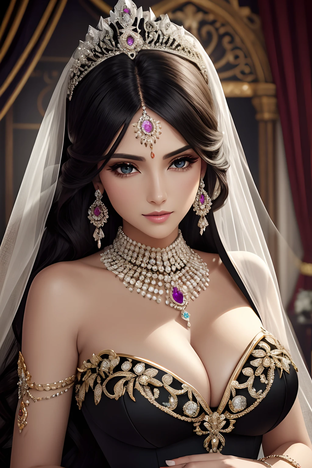 Black Murch with image of wedding dress and jewelry, gyuru , Gemstones and diamonds, posh, closeup cleavage, hyper realisitc , Exquisite ultra-details, 4K, gentle illumination, Moda,