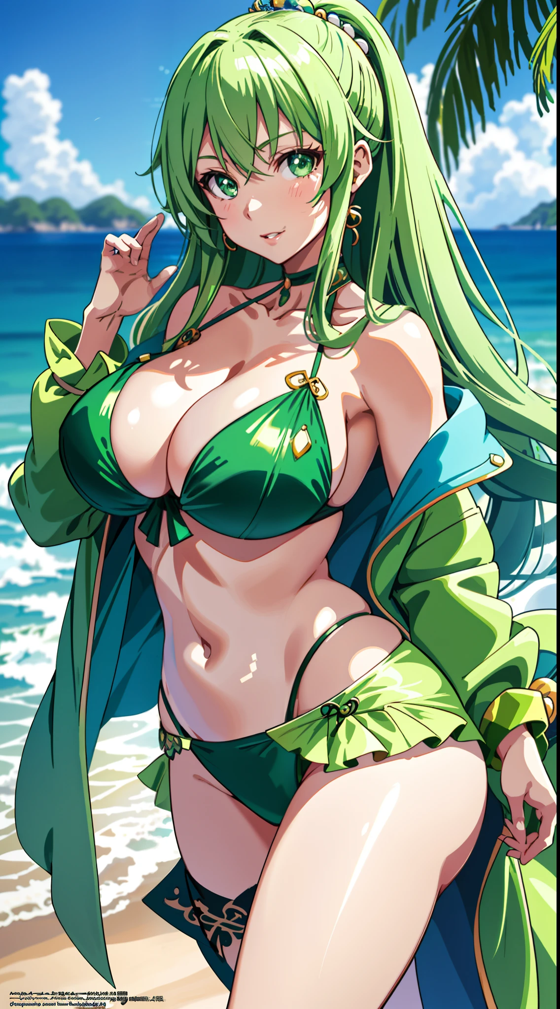 Close-up of a woman in a bikini and green coat, seductive anime girls, beautiful and seductive anime woman, Anime goddess, Beautiful anime woman, attractive anime girls, Beautiful anime girl, hyper realistic anime, Extremely detailed Artgerm, anime woman, thicc, Photorealistic anime, Big breasts!, Japanese goddess, photorealistic anime girl rendering, female anime character