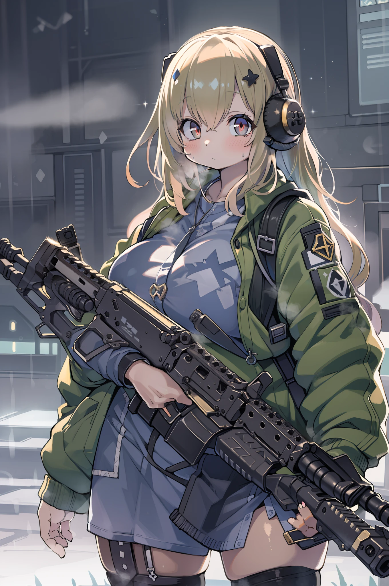 (((((Hold a huge assault rifle)))))、Long sideburns、Anime-style girl with beautiful whole body, clean detailed faces, ciber,analogous colors, Glowing shadows, beautiful gradients, depth of fields, CLEAN IMAGE, High quality,Black Parker Closing、 high detailing, High Definition, blush, Fit, Heavenly Beauty, Very detailed,Smoking,((assault rifle)),In heavy rain