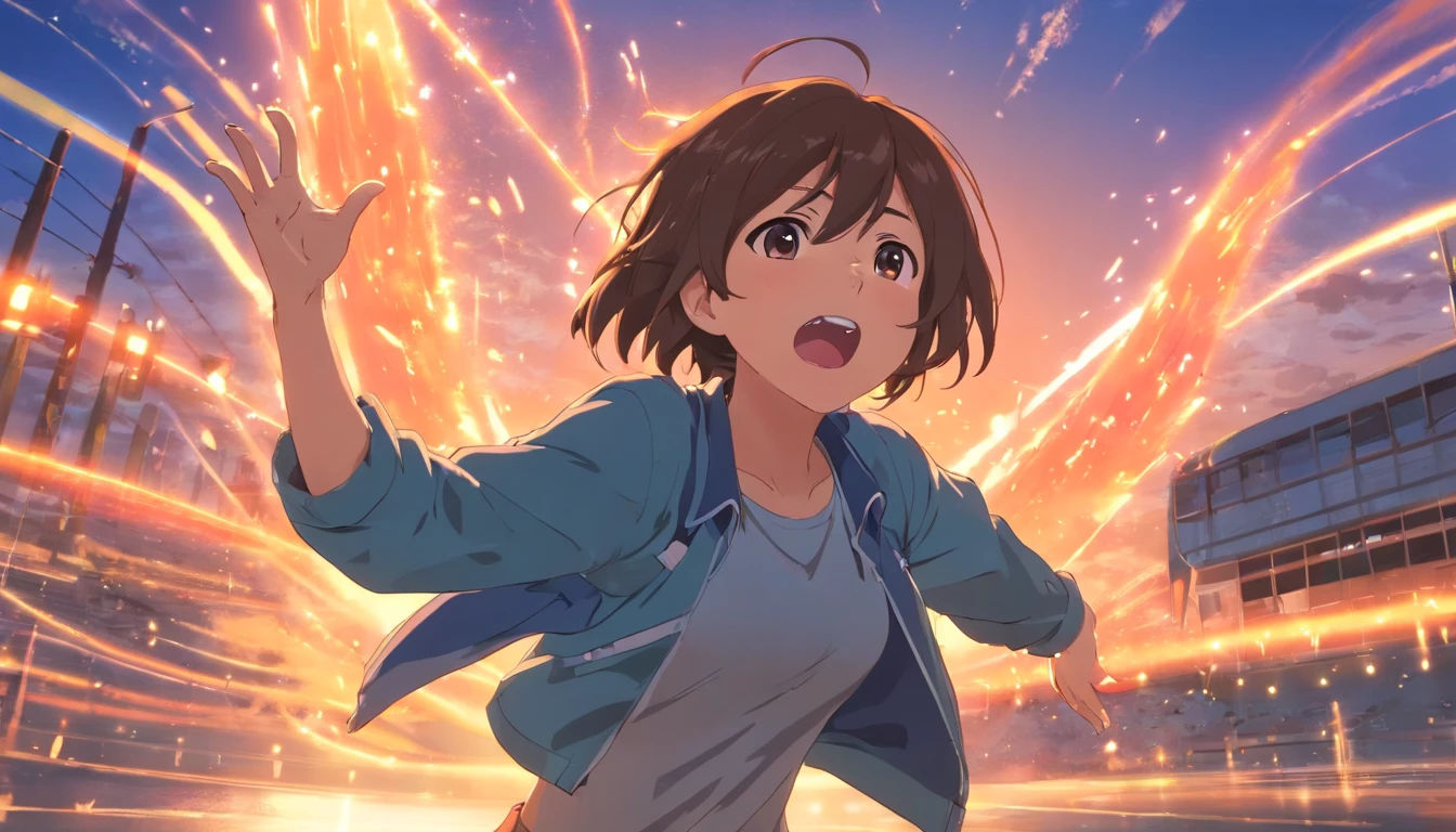 Girl holding back while screaming with arms spread wide,Both hands are par-shaped,full bodyesbian