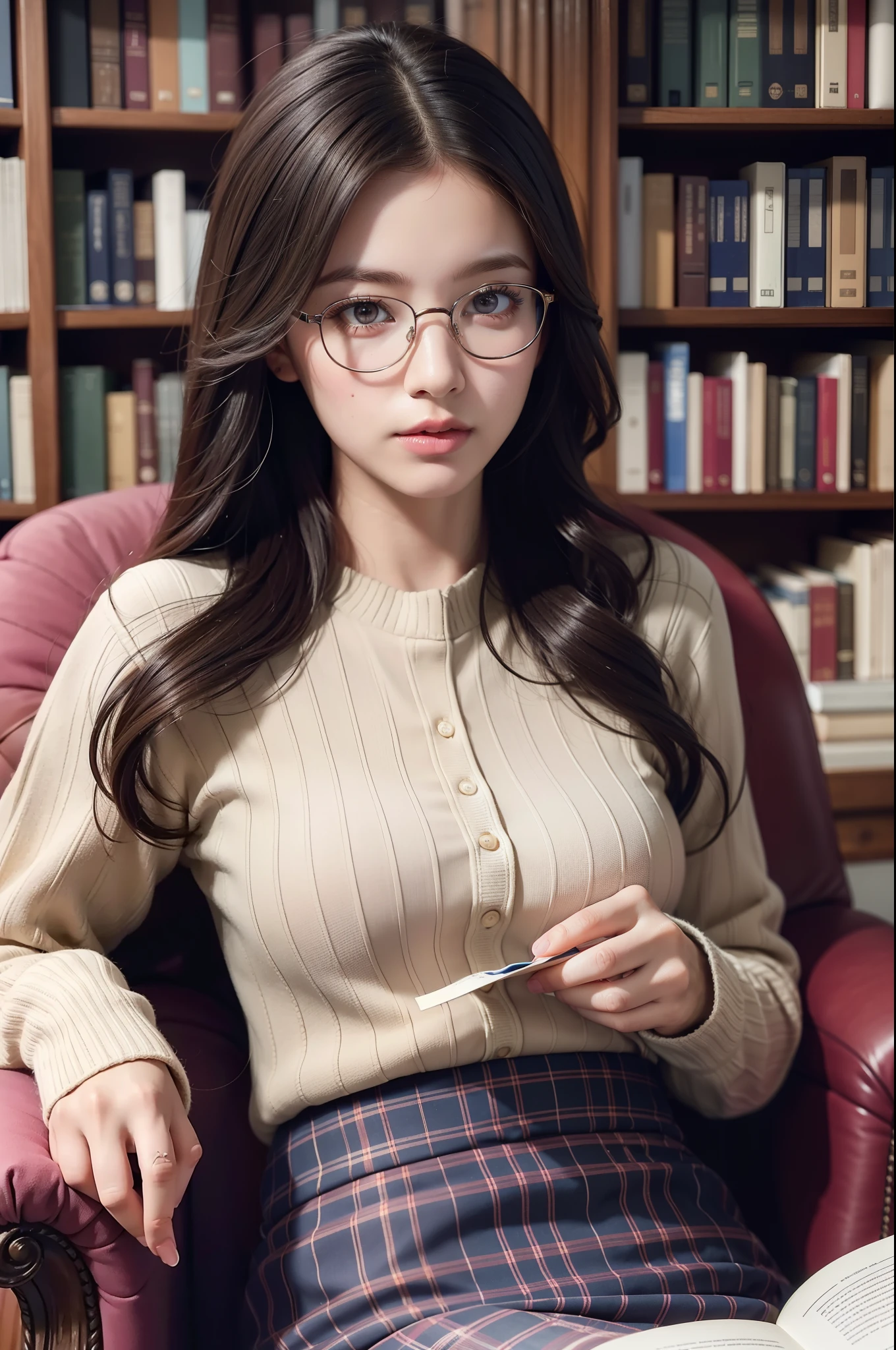 (best quality,ultra-detailed),a girl reading a textbook,beautiful detailed eyes,beautiful detailed lips,longeyelashes,studying,a quiet library,soft natural lighting,bookshelves filled with books,curled up on a cozy armchair,reading glasses,concentrated expression,flowing hair,plaid skirt and sweater,high-res image,vivid colors,realistic,bokeh.