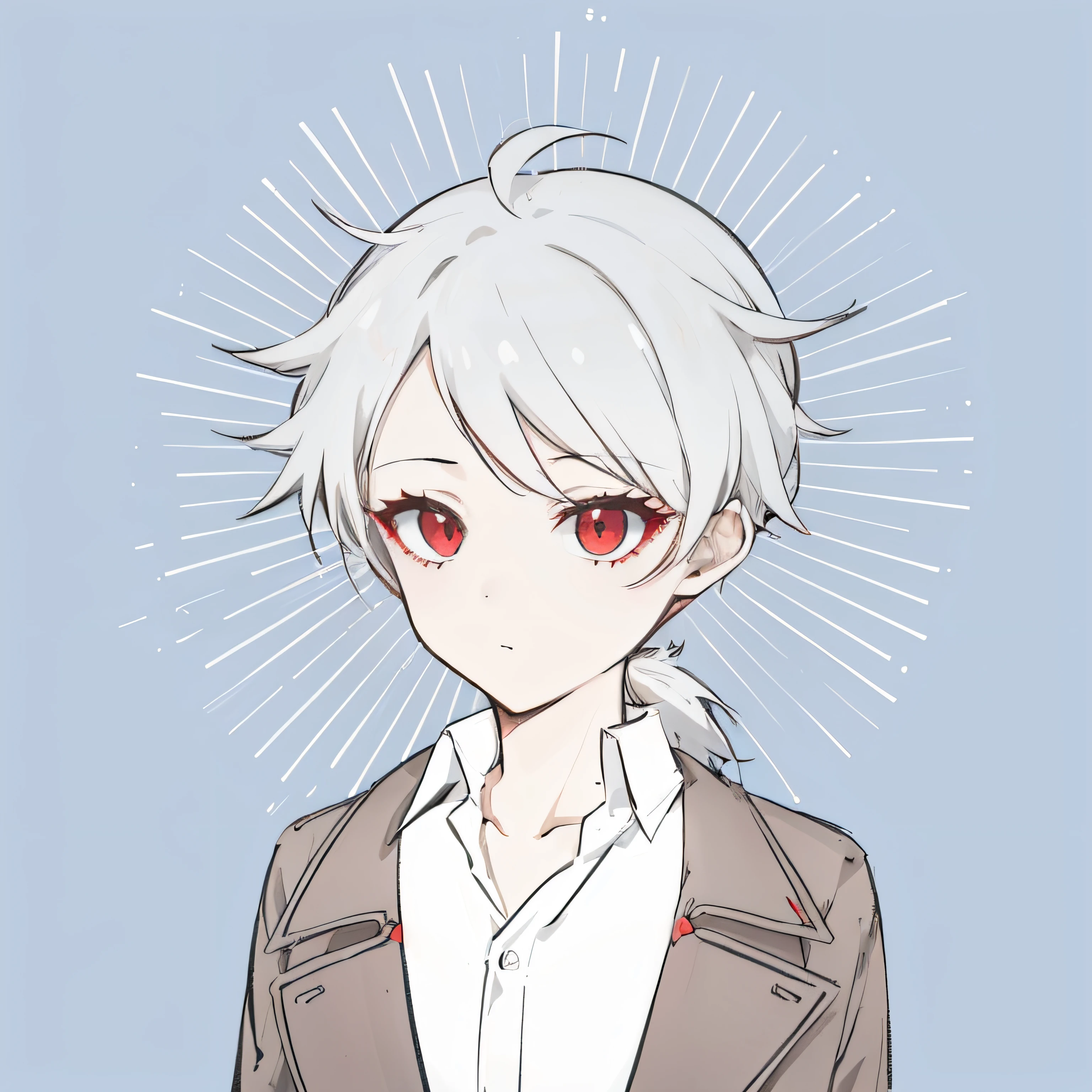 1child, ojos rojos, long eyeslashes, chico anime con cara femenina, pelo plateado blanco, cabello atado, camisa blanca, Light brown sac, Fondo del cielo, nubes background, high resolusion, ultrasharp, 8k, obra maestra, mirando al espectador