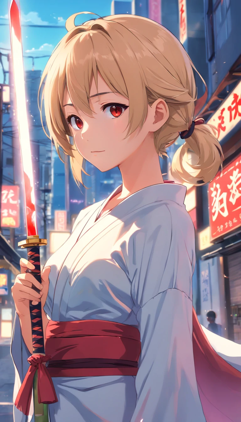 top-quality、Top image quality、masterpiece、girl with((18year old、Black kimono、Best Bust、Bust 85、a blond、poneyTail、Red Eyes、open chest wide、Happiness、Return blood、Holding a Japan sword))hiquality、visualart、Background with((chee))、Black and white world