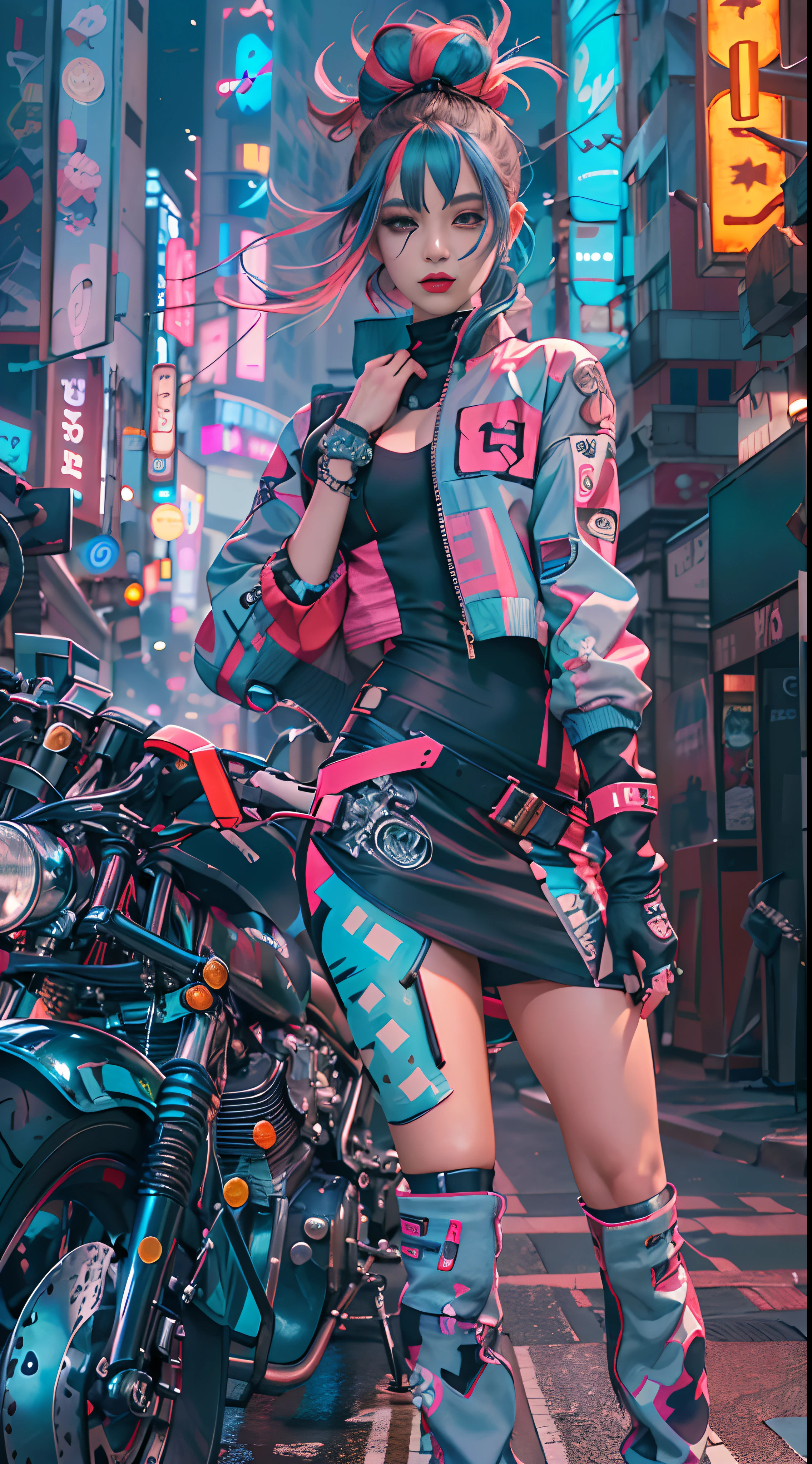 masterpiece, best quality, Confident cyberpunk girl, full body shot, ((standing in front of motorcycle)), Harajuku-inspired pop outfit, bold colors and patterns, eye-catching accessories, trendy and innovative hairstyle, vibrant makeup, Cyberpunk dazzling cityscape, skyscrapers, neon signs, LED lights, bright and vivid color scheme, anime, illustration, detailed skin texture, detailed cloth texture, beautiful detailed face, intricate details, ultra detailed.