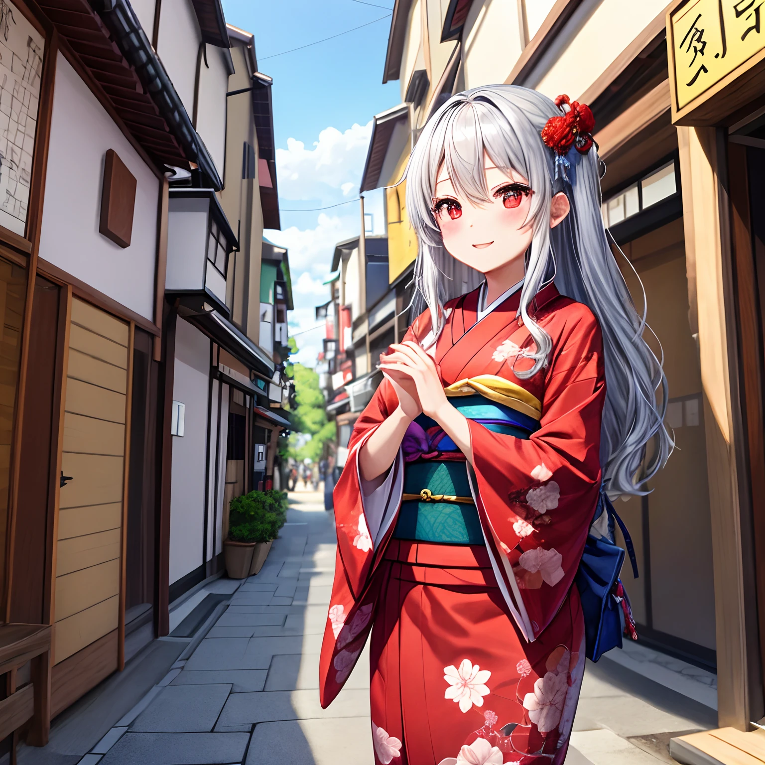 wavy silver hair、red eyes、One pretty girl、独奏、animesque、Kimono、The city of Kyoto