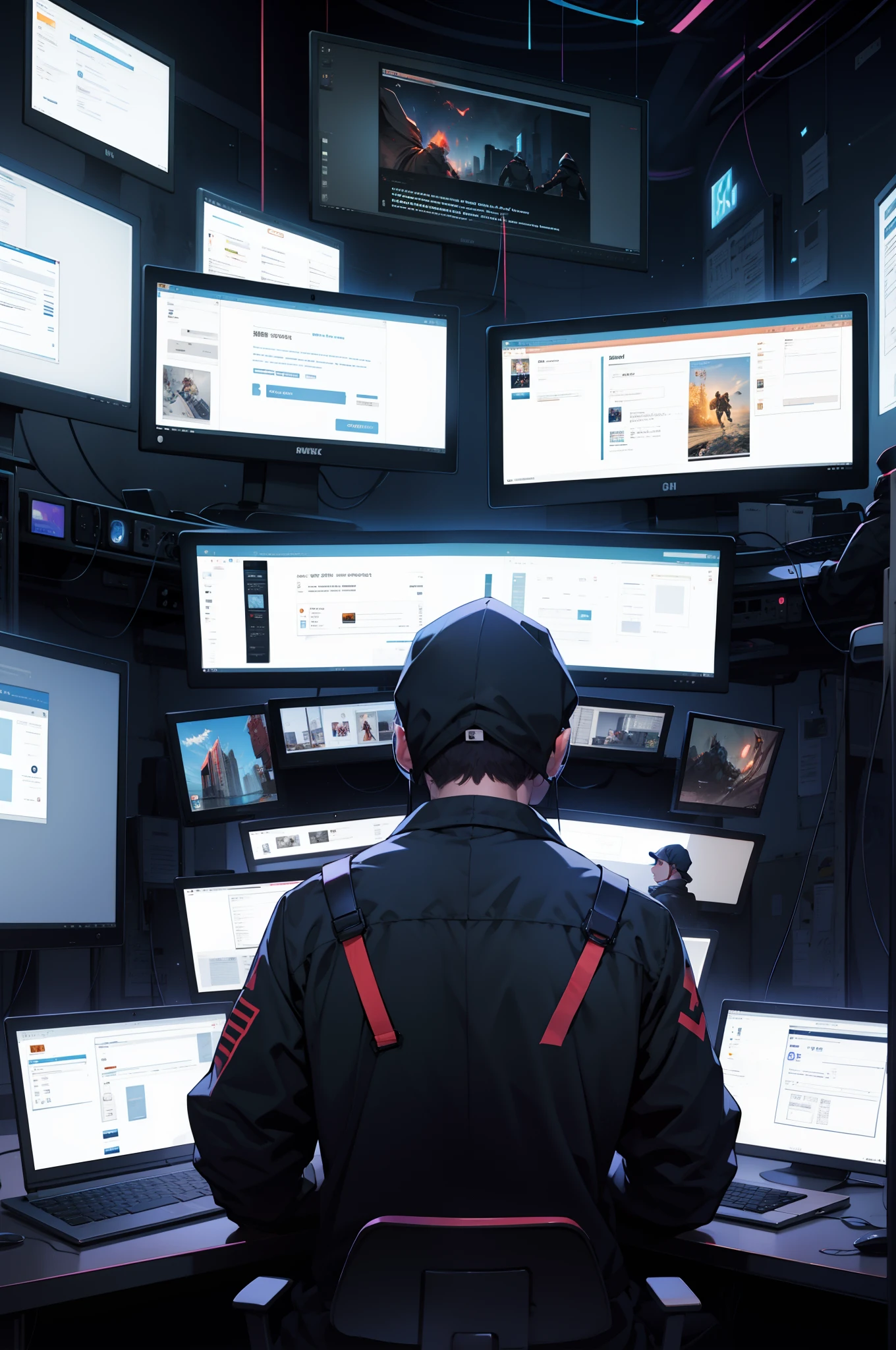 hacker,backs,illustratio,Multiple monitors