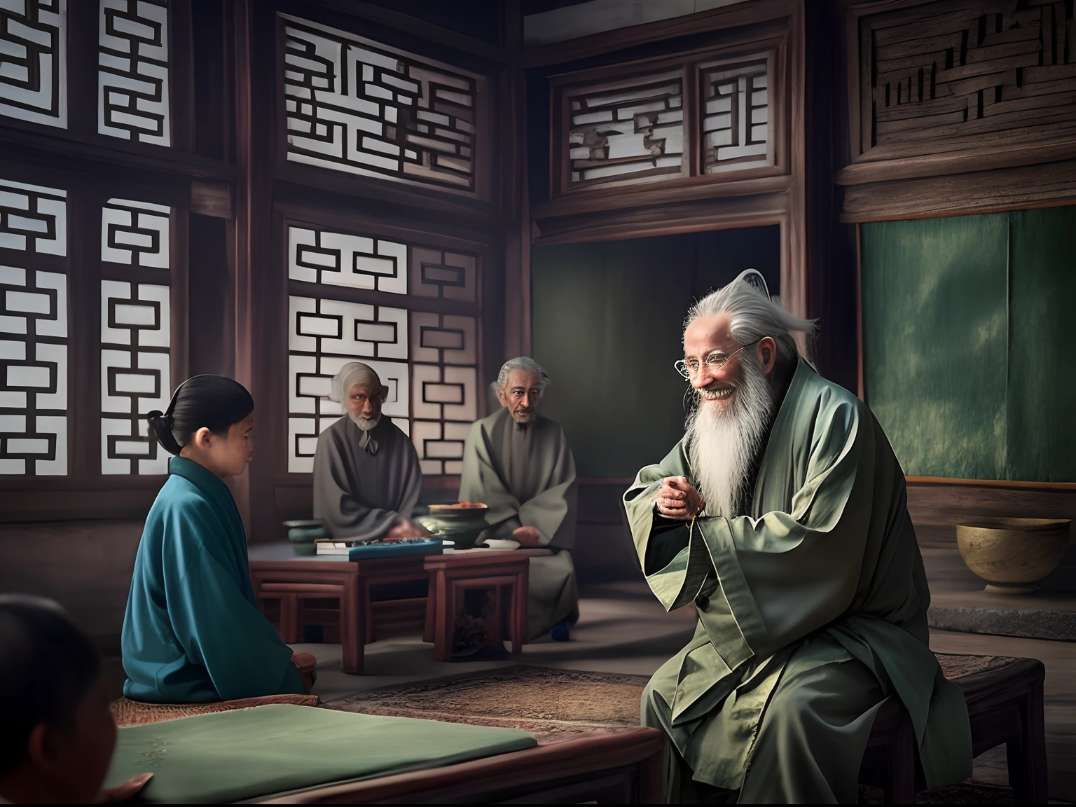 In an old palace,Ancient Chinese classroom,The master is an old man with white hair and a long beard,The expression smiled slightly。Opposite is a long-haired boy,Cyan cloth,Listen to the teachings with a humble expression,Side image,Panorama Figures,extreme hight detail,realisticlying