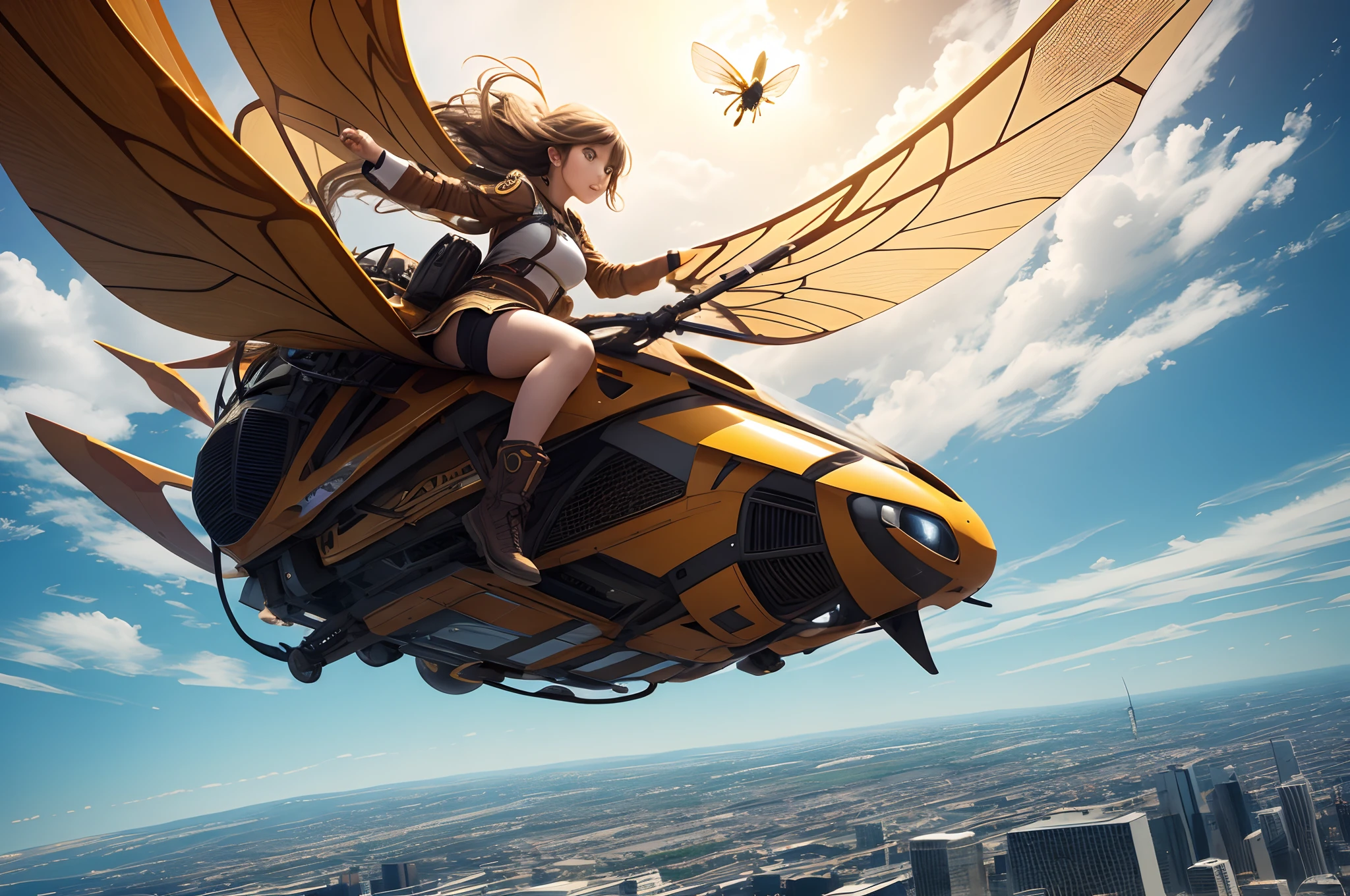 beautiful young girl is flying over the city on the back of a giant hornet, fractal art