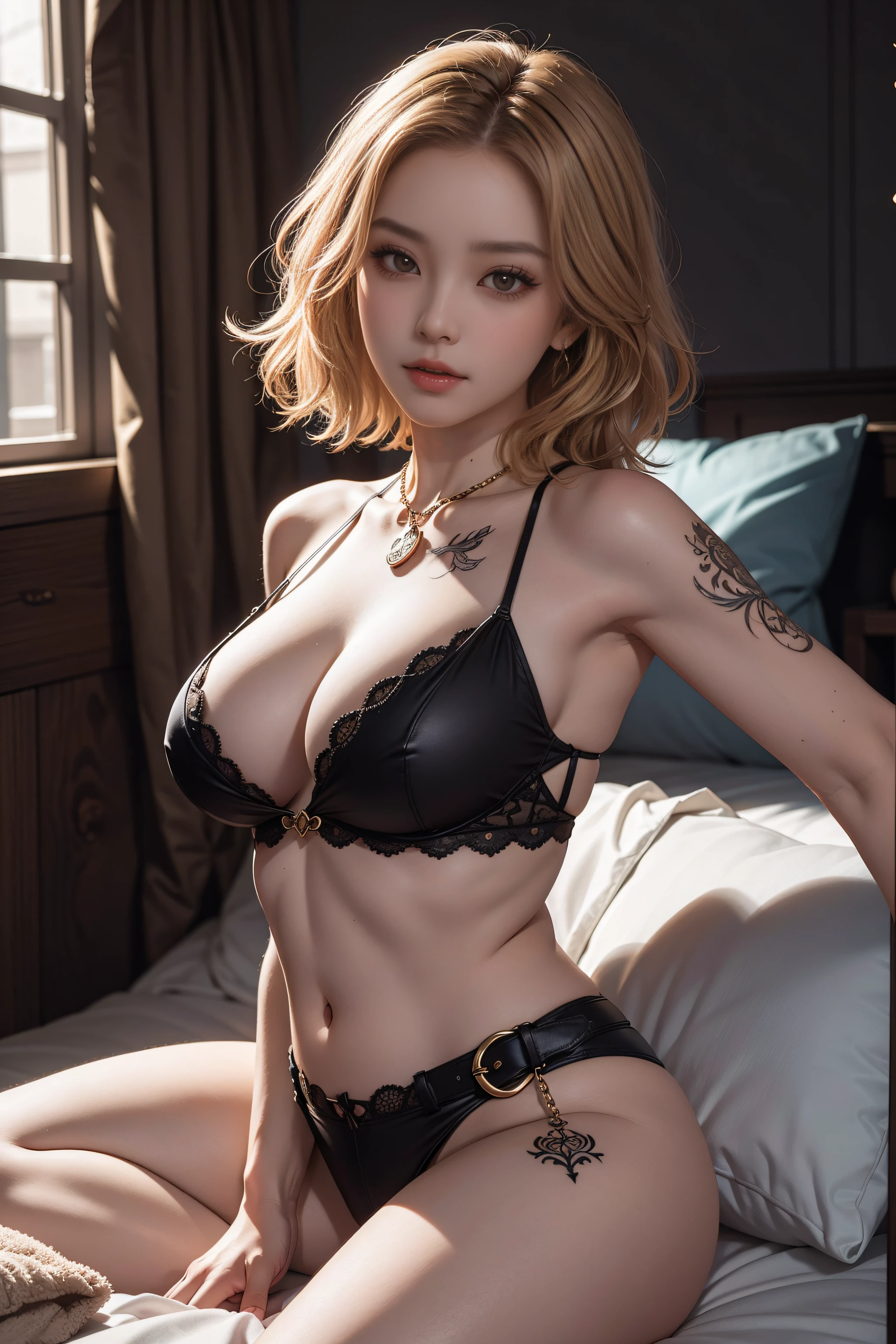 Realistic works of black tattoos，Top photography，Quality, clear picture quality，8K，CG diagram，Very detailed and detailed CG work，Advanced pixels，Clear focus，Ultra-high resolution large files， Solo, Intricate details, color difference，Studio lighting effects，Interior dimming，Natural dimming，（Simulate lighting effects：1.1）A young woman with a tattoo of a spade on her lower abdomen，A young woman in the style of a mature and sexy royal sister，Short blonde hair，Young woman with short hair，Clear and realistic hair，Careful hair（Premium detail hair：1.3）A pair of big, good-looking eyes，A pair of hooked eyes，Delicate eyelash makeup, Thin eyebrows, Super detailed eyes，lips in red，Sexy big red lips， rosycheeks, Delicate facial makeup , Pretty face, a face with perfect proportion,Melon seed face（Advanced facial details：1.1）Bigboobs，big breasts thin waist，Firm buttocks，perfect proportion body，Collar，Dog chain necklace，耳Nipple Ring，waist chains，handcuff，Footcuffs，Lie on a large bed，Sexy pajamas in gold leaf，lace-pajamas，blackstockings，Lying in bed，Gold foil series，Tempt for photo works，Charmer tattoo series，Careful tattooing，Tattoos are only on the lower abdomen，Panorama Figures，Mature women's work，Authentic photography，真实感，Clear and authentic work，A sense of detail