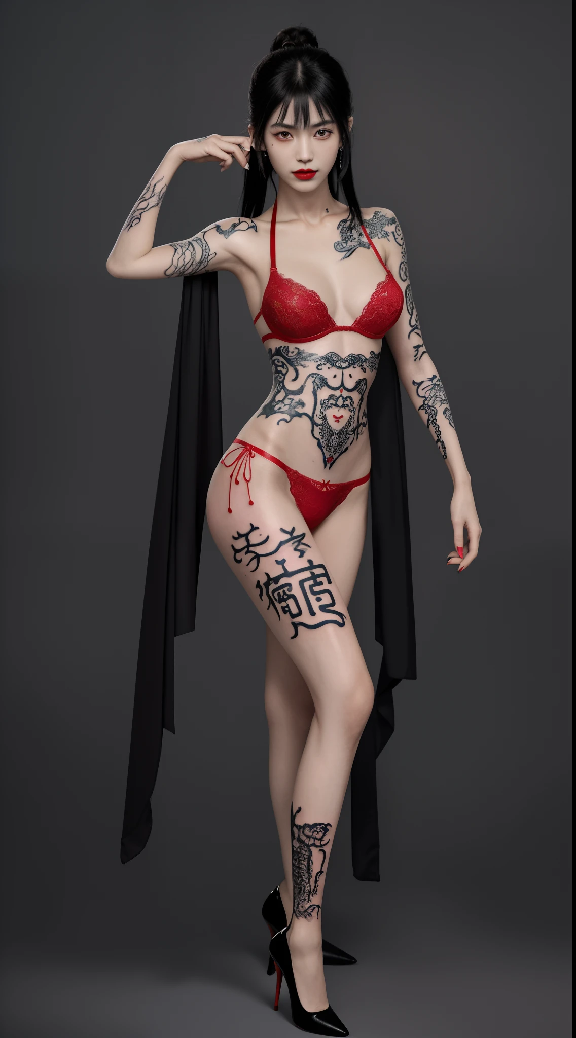 Close-up of 1 18 year old girl,swear word,(((The three characters for the tattoo with bare skin all over are traditional Chinese characters))),(((Her face was covered with tattoos))), ((Japanese live-action actress)),((Realistic effect and clarity of DSLR cameras)), ((cabelos preto e longos,By bangs)), ssmile,((There are various tattoos on the face)), Fleshy lips,largeeyes,red lipsticks,( Itching of the lips),choker necklace, 耳Nipple Ring, and makeup, ((Full body skin tattoos are Chinese)),((The content of the tattoo is a three-character scripture Chinese,The dense words are clear)),((There are similar tattoo designs on underwear)),looking at the camera in,Frontal photo,Side photo,Back photo,((red high heel pumps)),((Bigchest,slenderlegs,Slim,Less clothes)),((Clear bra and panties))