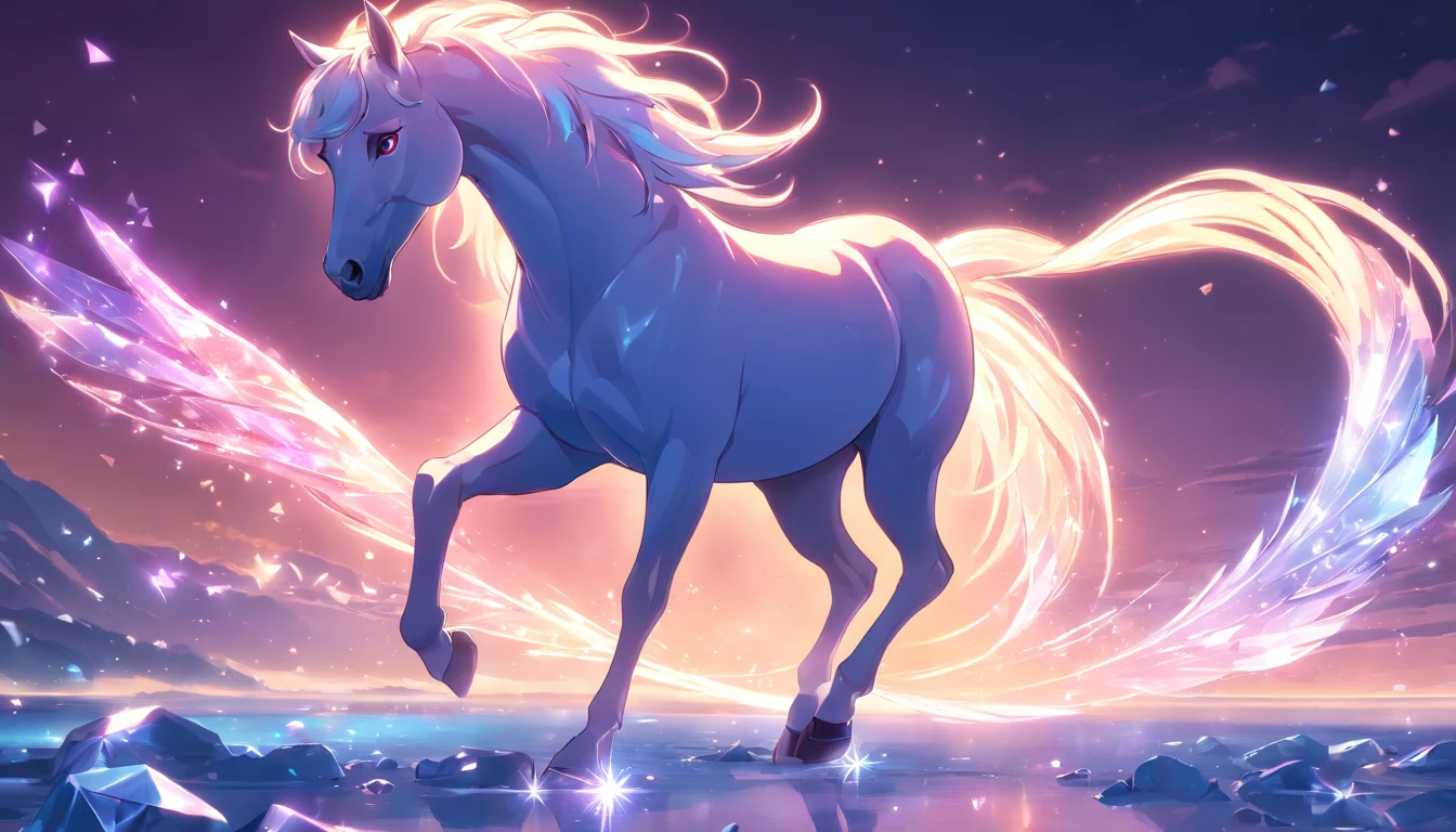 Full body digital portrait of a beautiful crystal horse lit
from within, nightcore, soft colors illumination, epic
atmosphere, wide shot, Unreal Engine 5, trending on
ArtStation —q 2 —ar 2:3