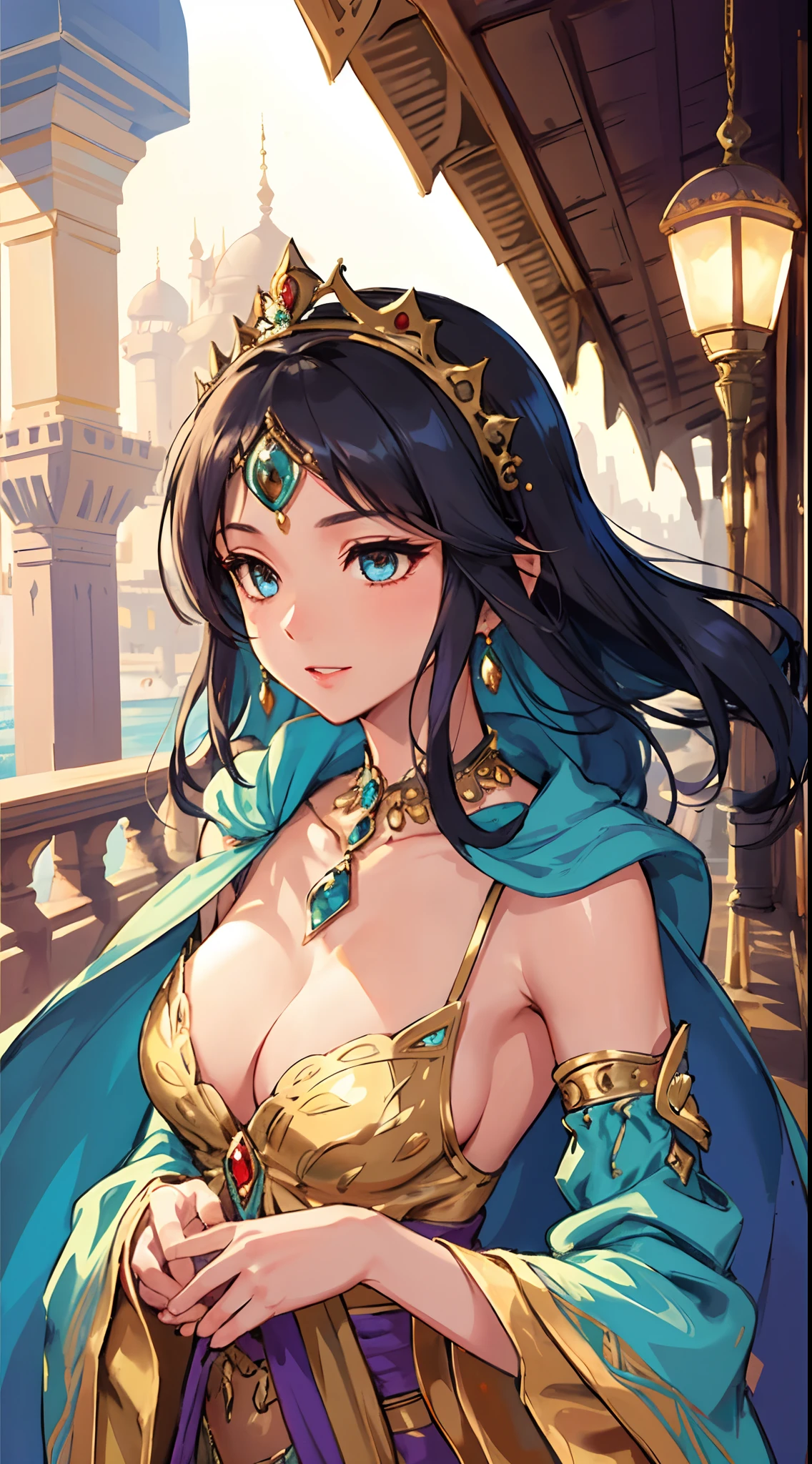 1 girl, upper body, single focus, exotic beauty, Arabian princess attire, captivating eyes, (Agrabah palace: 1.4), (enchanted marketplace: 1.3), olive complexion, royal aura, [depth of field, ambient lighting, bustling marketplace foreground, majestic palace background], Agrabah's Princess Jasmine, palace adventures, vibrant marketplaces, (magic carpet ride), (flying carpet: 1.2), intricate details, enhanced lighting.