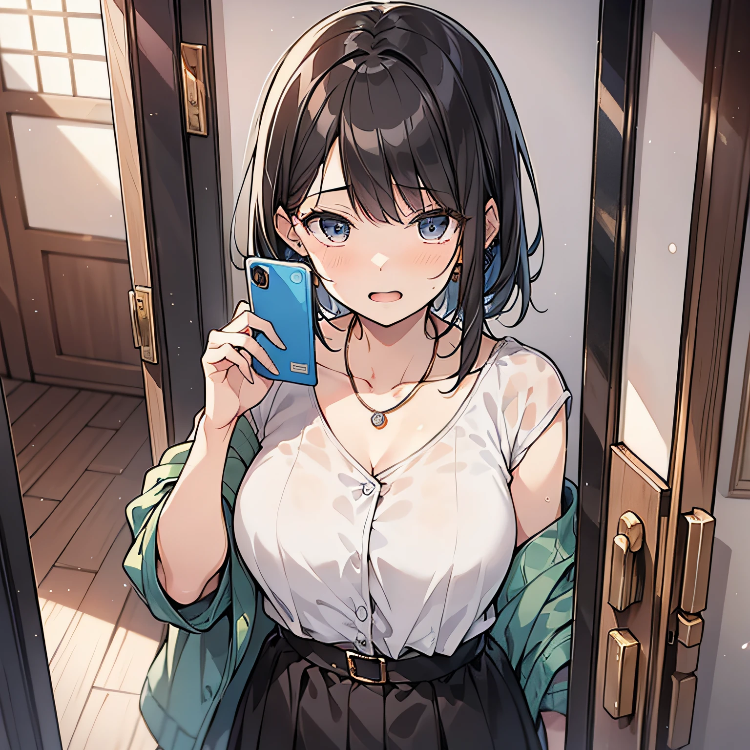 A middle-aged aunt，with short black hair，Wearing a white top，Standing in the doorway of the room, listening to the phone with his cell phone in his hand，Shocked expression（Open mouth 1.5）（Answer the phone action 1.5）（The background is in the room in the village：1.5），Anime style 4K，Anime rendering，style of anime，8K fineness，（Upper body display：1.5）（Cinematic lighting：1.5）Middle-aged woman 1.5（Wrinkle 1.5）