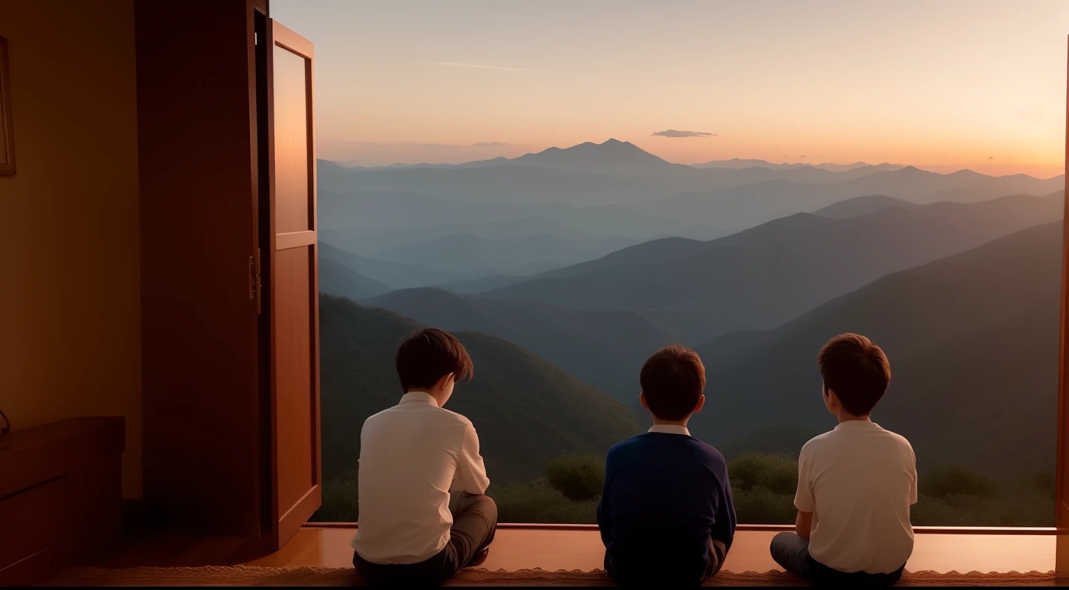 Quiet mountains at dusk、The golden sun slowly sets behind the three boys。They vowed to their hearts the adventures of the old mansion。In an atmosphere of anxiety and anticipation、Boy A shook his head stiffly.、「It's okay、Because we are together」I whispered。