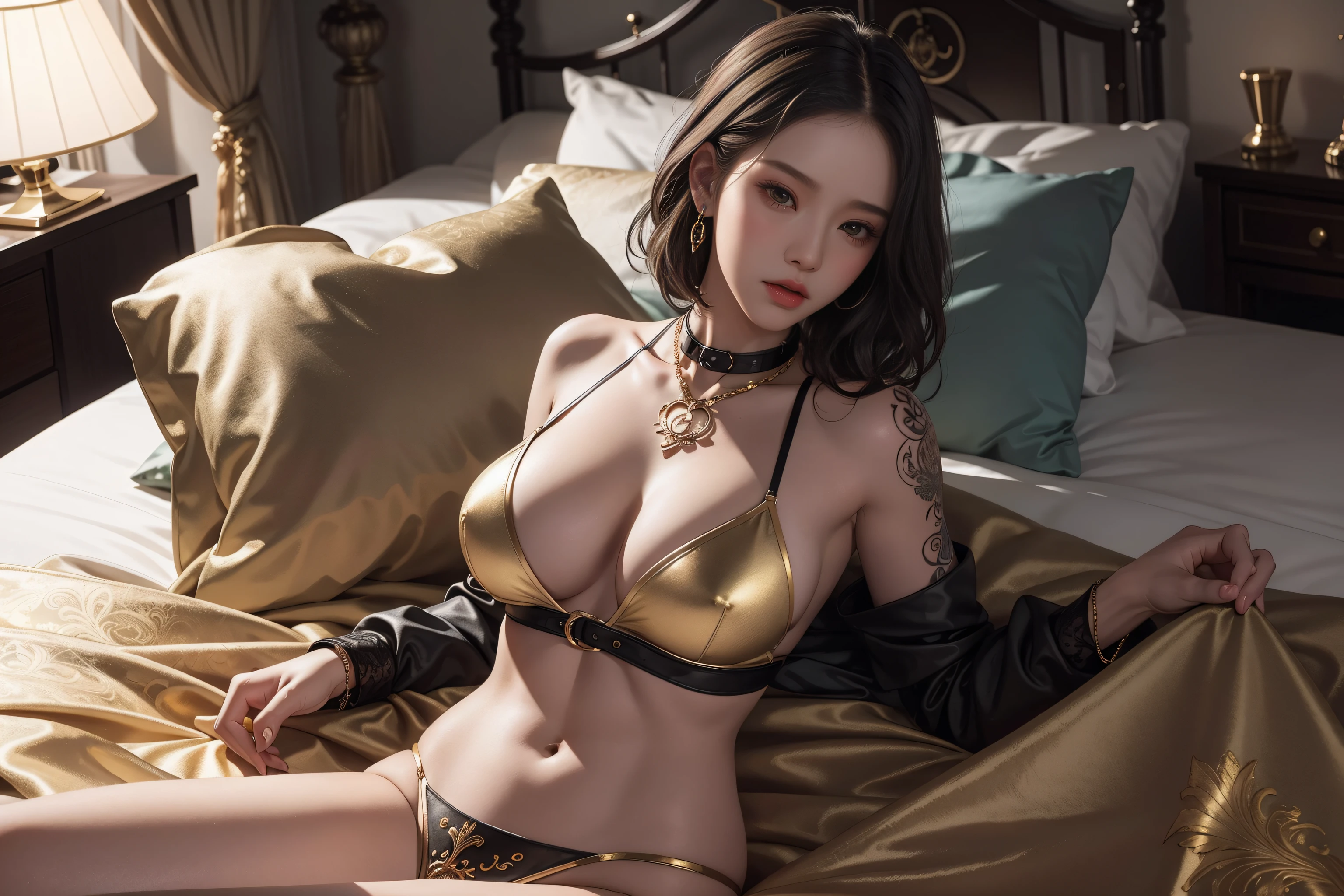 Realistic works of black tattoos,Top photography,Quality, clear picture quality,8K,CG diagram,Very detailed and detailed CG work,Advanced pixels,Clear focus,Ultra-high resolution large files, Solo, Intricate details, color difference,Studio lighting effects,Interior dimming,Natural dimming,(Simulate lighting effects:1.1)A young woman with a tattoo of a spade on her lower abdomen,A young woman in the style of a mature and sexy royal sister,Short blonde hair,Young woman with short hair,Clear and realistic hair,Careful hair(Premium detail hair:1.3)A pair of big, good-looking eyes,A pair of hooked eyes,Delicate eyelash makeup, Thin eyebrows, Super detailed eyes,lips in red,Sexy big red lips, rosycheeks, Delicate facial makeup , Pretty face, a face with perfect proportion,Melon seed face(Advanced facial details:1.1)Bigboobs,big breasts thin waist,Firm buttocks,perfect proportion body,Collar,Dog chain necklace,耳Nipple Ring,waist chains,handcuff,Footcuffs,Lie on a large bed,Sexy pajamas in gold leaf,lace-pajamas,blackstockings,Lying in bed,Gold foil series,Tempt for photo works,Charmer tattoo series,Careful tattooing,Tattoos are only on the lower abdomen,Panorama Figures,Mature women's work,Authentic photography,真实感,Clear and authentic work,A sense of detail