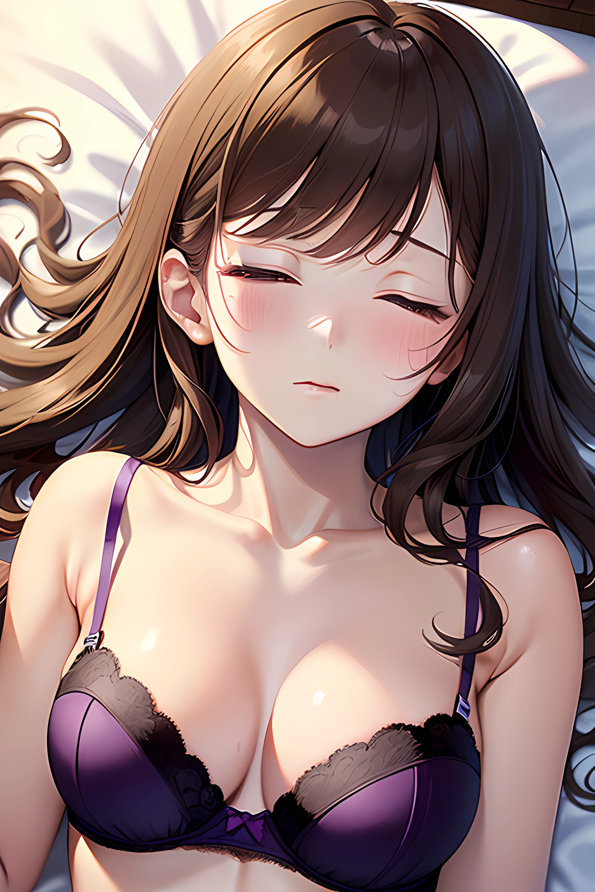 ((nsfw:1.4, masterpiece, best quality, highres, UHD, perfect pixel, depth of field, 4k, RTX, HDR))), 1girl, single, solo, girlfriend, beautiful anime girl, beautiful artstyle, anime character, ((long hair, bangs, dark brown hair, curly hair)), ((beautiful eyelashes)), ((detailed face, blushing:1.2)), ((smooth texture:0.75, realistic texture:0.5, anime CG style)), ((medium breasts, cleavage)), indoor, bedroom, dynamic angle, busty, perfect body, armpit, ((fall asleep on the bed, supine, sleepy, closed eyes, laying on bed, sleeping pose, side sleeping)), ((close up, POV, cute, shot on face, sighing expression)), ((purple bra color, purple lingerie)), (natural light, light reflection, morning scene)