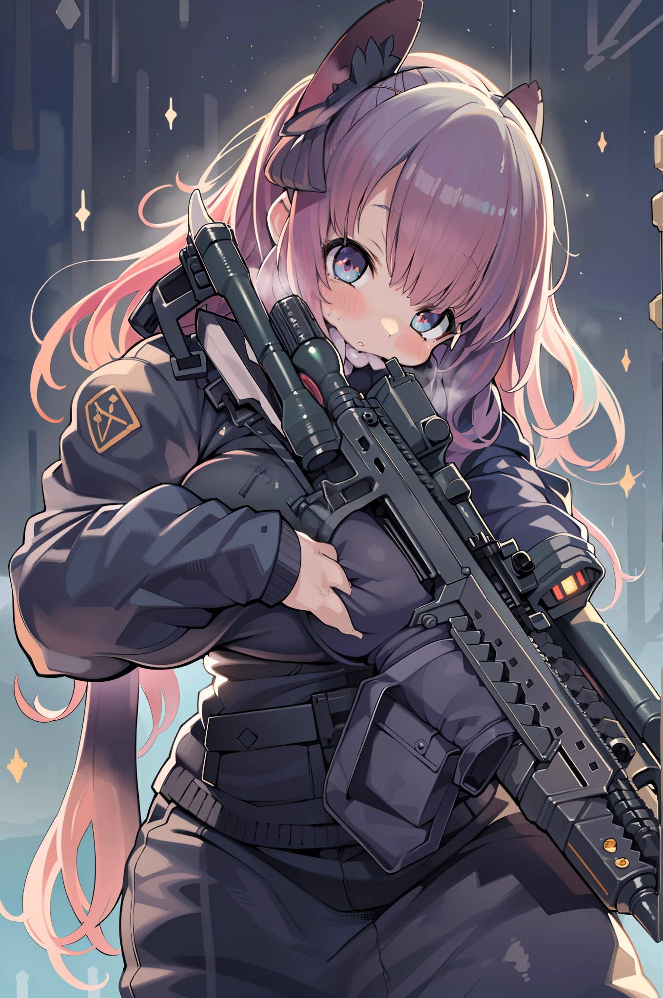 (((((Hold a huge assault rifle)))))、Long sideburns、Anime-style girl with beautiful whole body, clean detailed faces, ciber,analogous colors, Glowing shadows, beautiful gradients, depth of fields, CLEAN IMAGE, High quality,Black Parker Closing、 high detailing, High Definition, blush, Fit, Heavenly Beauty, Very detailed,((assault rifle)),In heavy rain