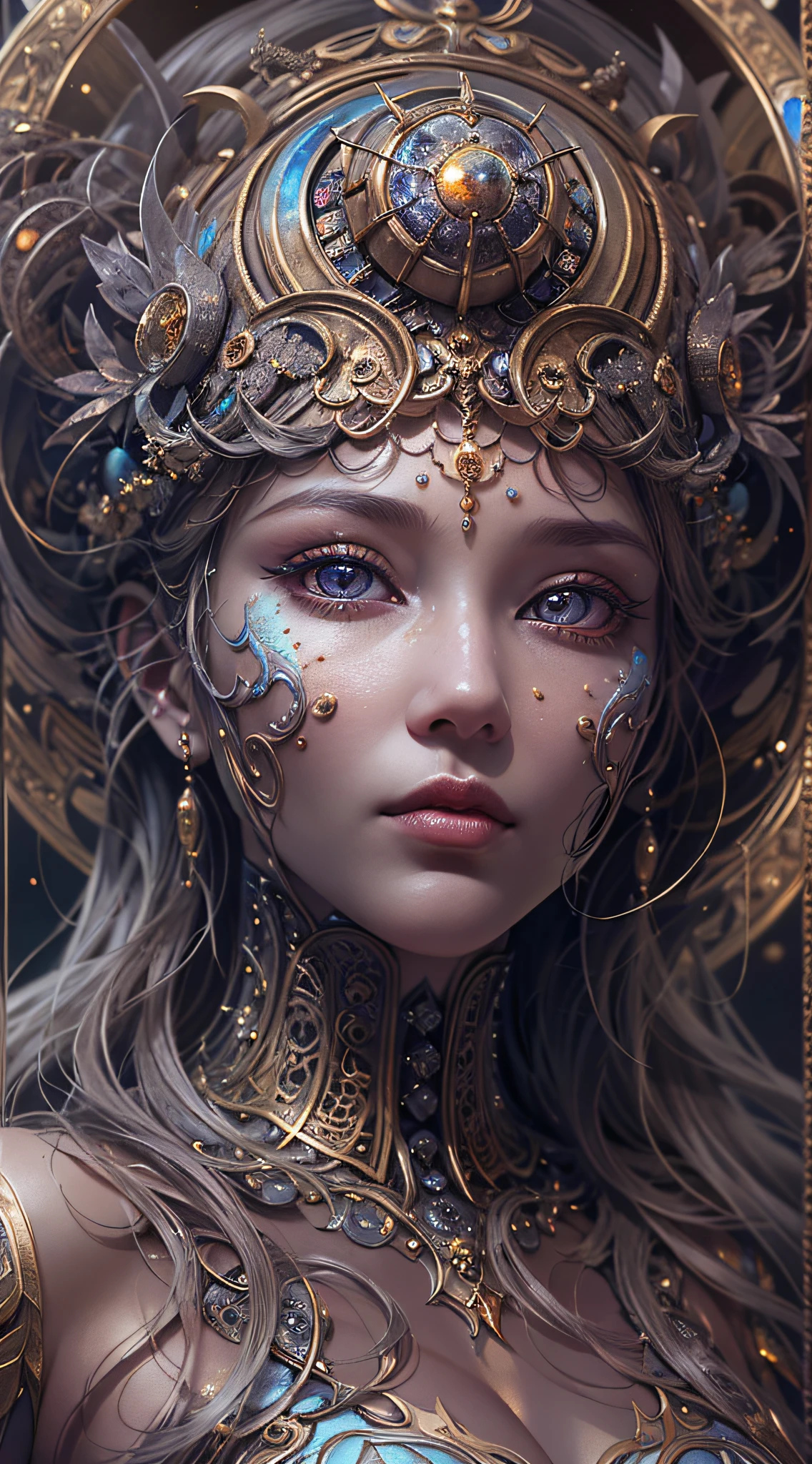 (best qualtiy,ultra - detailed,Most Best Illustration,Best shadow,tmasterpiece,A high resolution,professionalartwork,famousartwork),Detailed eyes,beautidful eyes,closeup cleavage,sci-fy,colored sclera,Robot eyes,face markings,Tattooed with,(fractalized,Fractal eyes),largeeyes,Wide eyes,(Eye focus),sface focus,Cosmic eyes,Space eyes,Close-up of metal sculpture of a woman with a moon in her hair,goddes。extremly high detail,3 d goddess portrait,Extremely detailed footage of the goddess,a stunning portrait of a goddess,Side image of the goddess,portrait of a beautiful goddess,Full body close-up portrait of the goddess,hecate goddess,portrait of a norse moon goddess,goddess of space and time