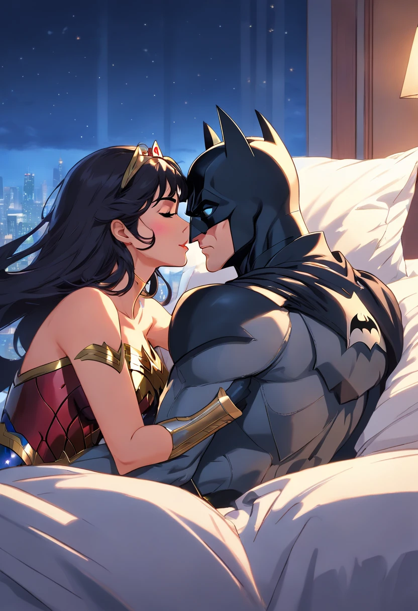 Batman kisses Wonder Woman in the bed