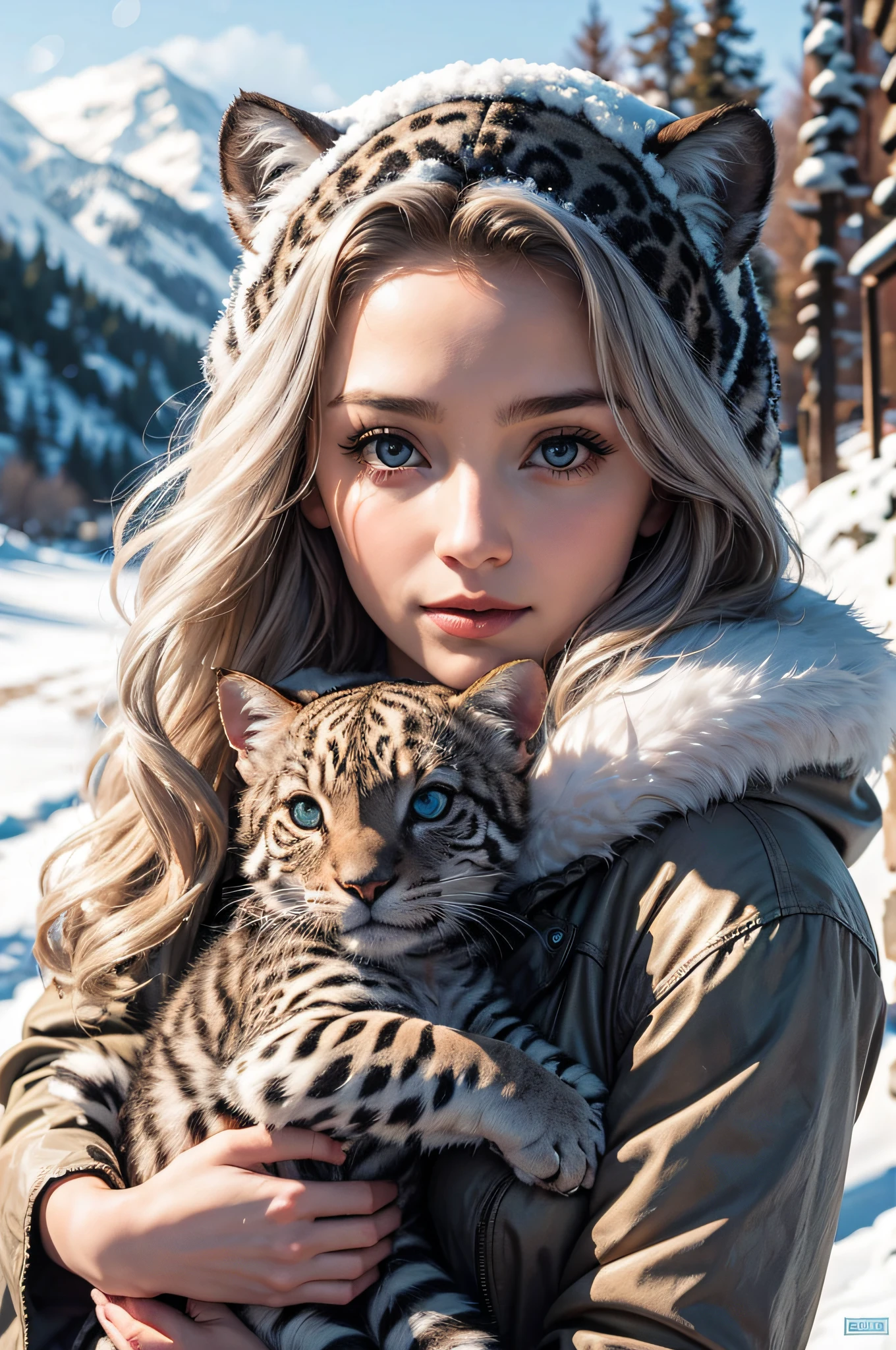 (Fantasy-Stil, Portrait of a shy woman, zierlichen Frau, close up, extremely beautiful, lange gewellte Frisur, pretty gray eyes, Schwarzer Wintermantel), Cold atmosphere, Winter-Thema, (Ein Schneeleopardenjunges umarmen), Schnee, Style-Winter, Kiefern, dunkle Gewitterwolken, flauschige Wolken im Hintergrund, (Meisterwerk, kompliziert, Epische Details, Scharfer Fokus, dramatisch, fotorealistisch),