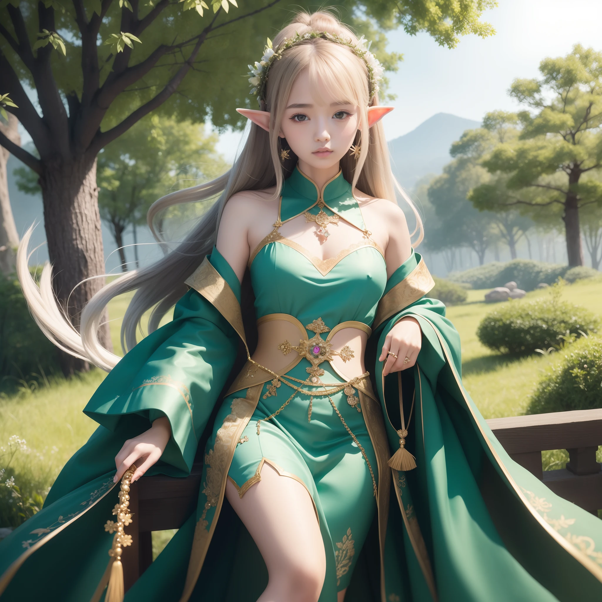 top-quality, ​masterpiece, ultra-detailliert, Girl Like an Elf, 独奏, wearing delicately decorated clothes,,, Wearing hair ornaments, Being in the forest