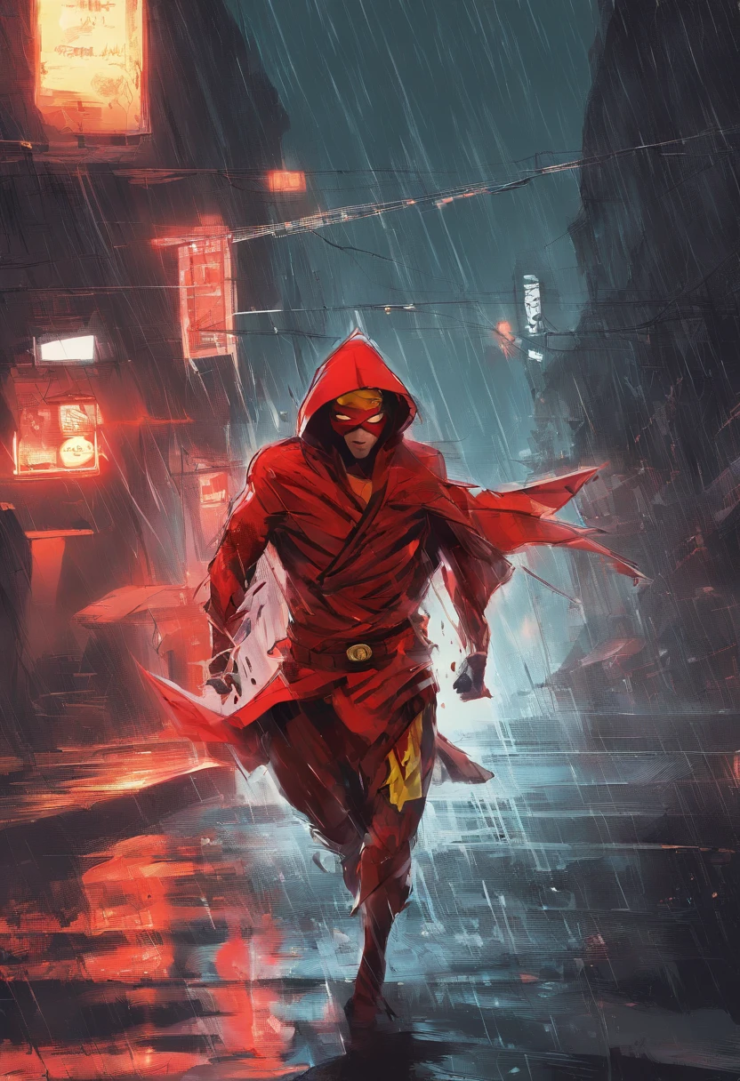 There's a boy in a red robe running down the street, O kid Flash Vermelho, In the rain, correndo na chuva, ofeliz correndo pela rua, Rua molhada, Directed by: Willian Murai, ninja morango, wearing red hero uniform with flash symbol, Chovendo!!!, Running super fast, em um dia chuvoso, chuva de noite