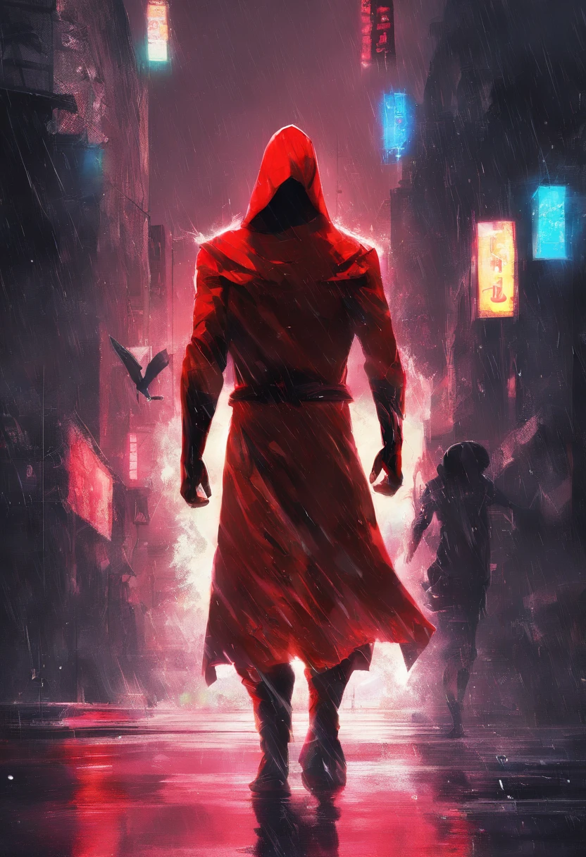 There's a boy in a red robe running down the street, O kid Flash Vermelho, In the rain, correndo na chuva, ofeliz correndo pela rua, Rua molhada, Directed by: Willian Murai, ninja morango, wearing red hero uniform with flash symbol, Chovendo!!!, Running super fast, em um dia chuvoso, chuva de noite